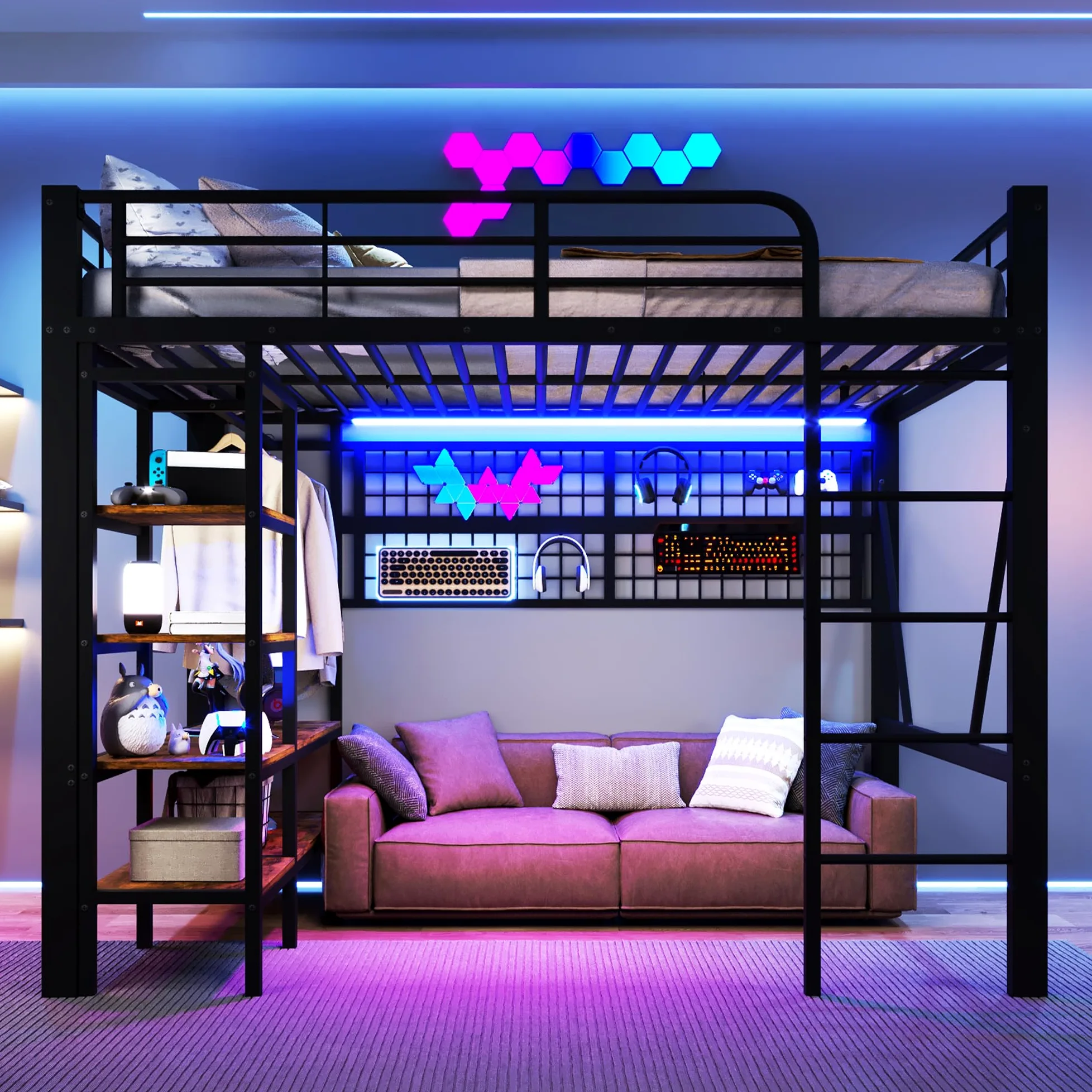 Lubvtti Letto a soppalco in ferro 140 x 200 cm con striscia luminosa a LED,vano portaoggetti,rete per appendere gli oggetti,asta appendiabiti,letto a castello per bambini,struttura letto singolo,Nero