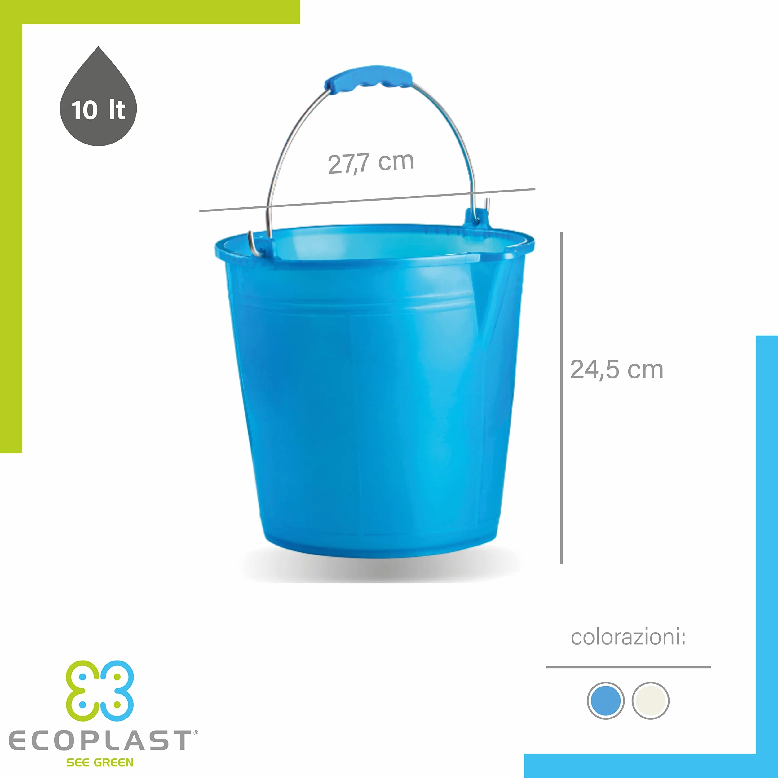 Ecoplast | Secchio 10 Litri con Manico Ergonomico e Becco, Azzurro, ø 27,7, Made in Italy
