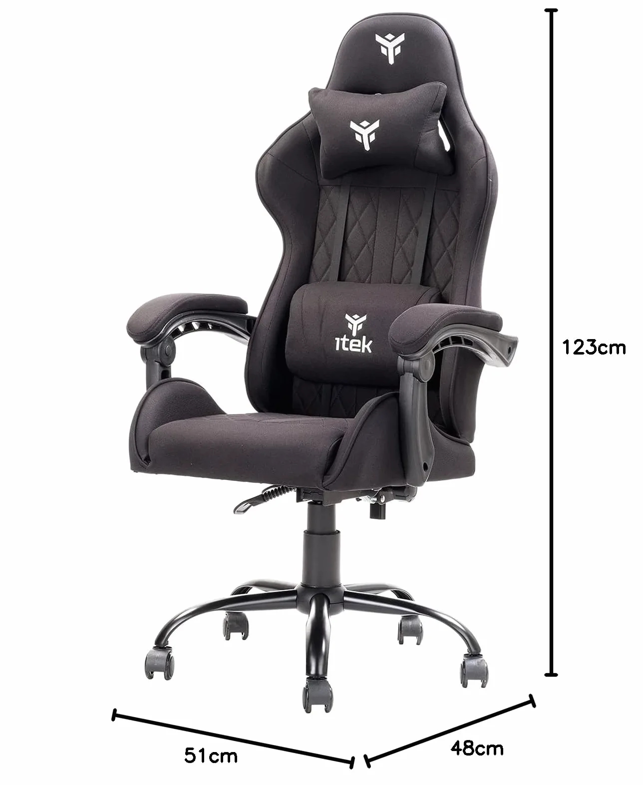 ITEK RHOMBUS FF10 Sedia Gaming ergon. Nera, schienale reclinabile, cuscino poggiatesta, sup. lombare, confort e design, ideale come sedia ufficio, sedia per studio o poltrona per gamer