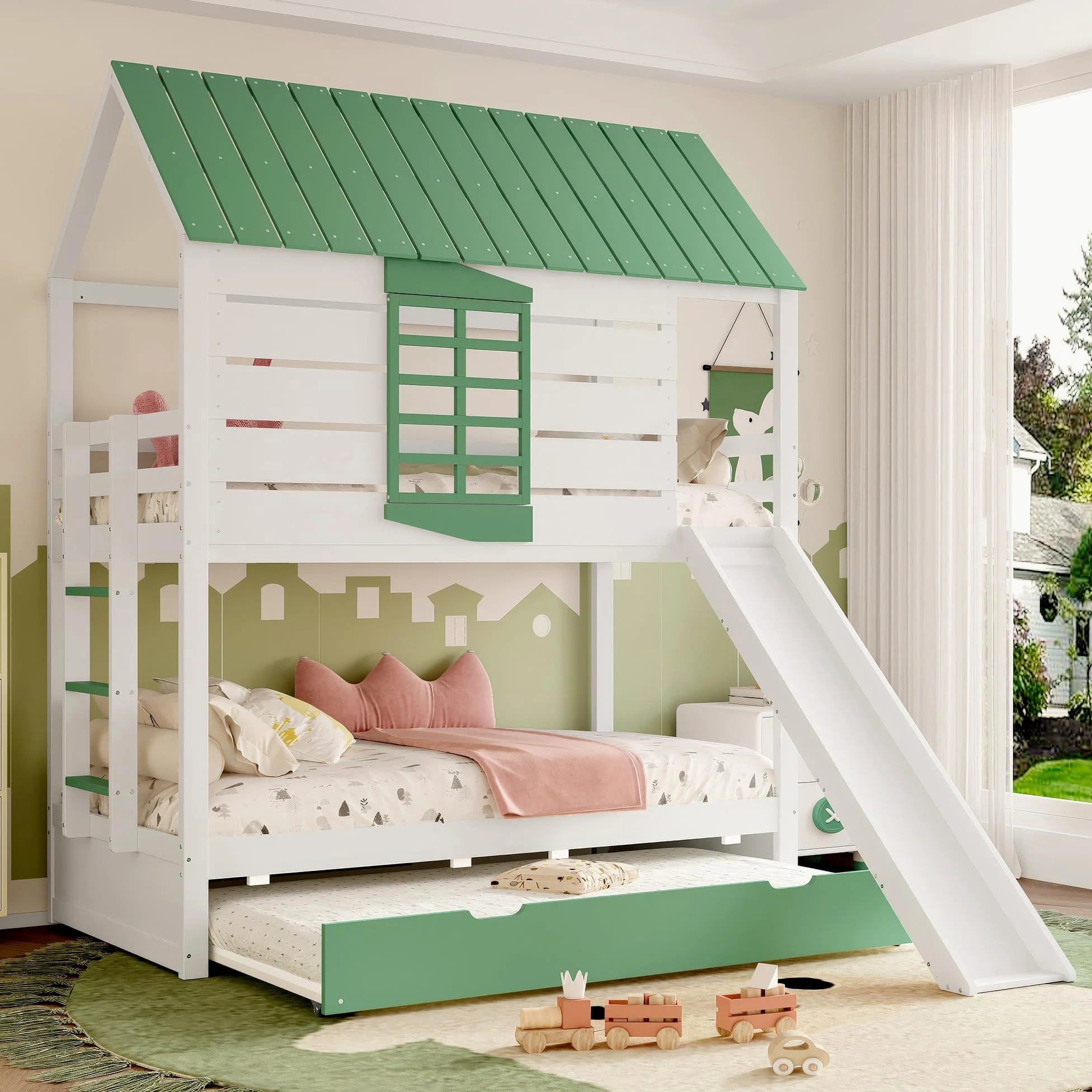 Moimhear Lettino a soppalco, con tetto di casa, con finestre, culla in legno, letto a castello con scivolo, pino+MDF, bianco+verde (90 x 200 x 2 + 90 x 190 cm, con letto estraibile)