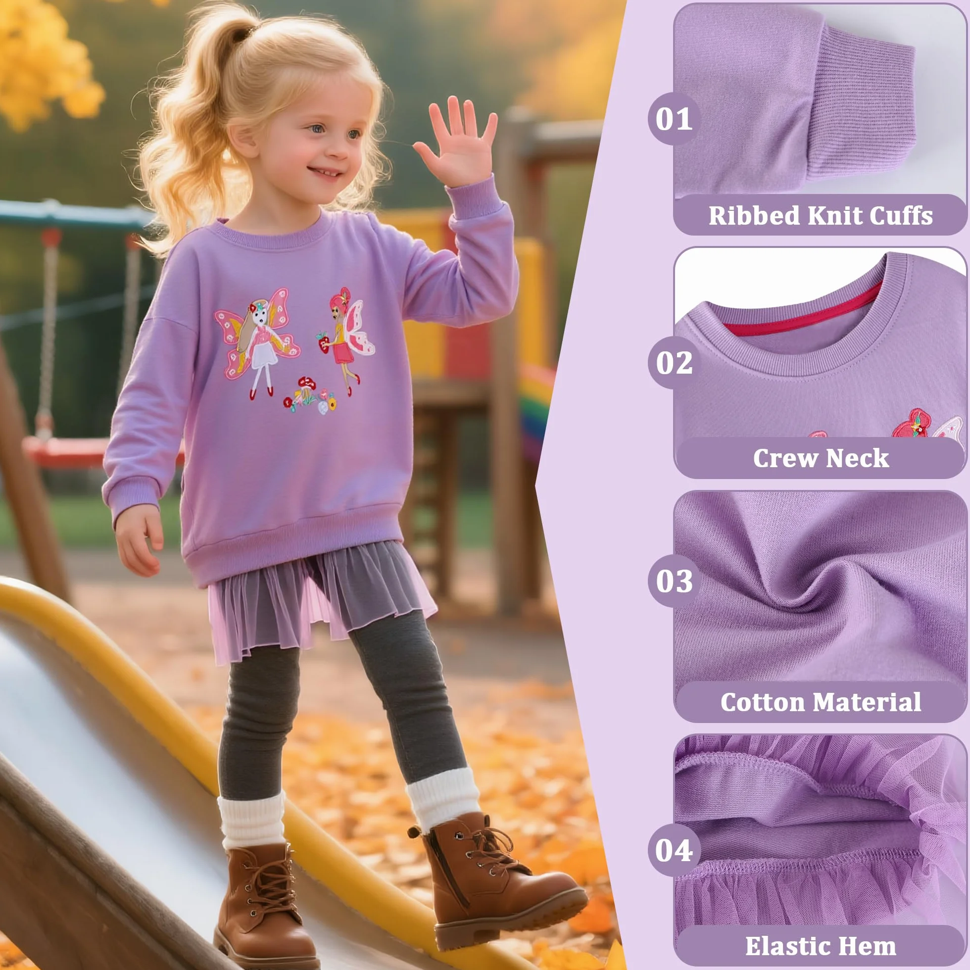 Felpa per Bambina, Ragazza Cotone Girocollo Maglione Pullover, Senza Cappuccio Ricamo Applicato Felpe Manica Lunga Maglietta Casual Princess Top Ragazze Sweatshirt 2-7 Anni