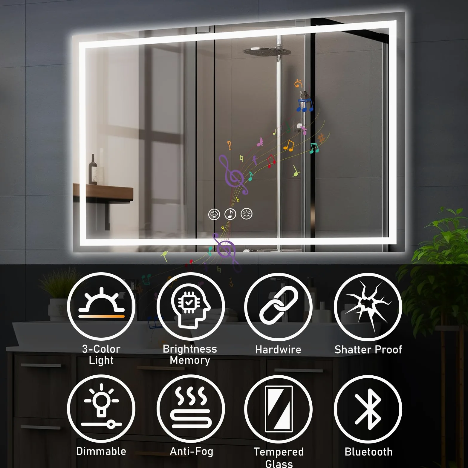 70x100cm Specchio Bagno con Luce LED e Bluetooth, Specchio da Parete Antideflagrante con Luminosità Regolabile，3 Colori Luce, IP44 impermeabile, vetro temperato, Orizzontale/Verticale