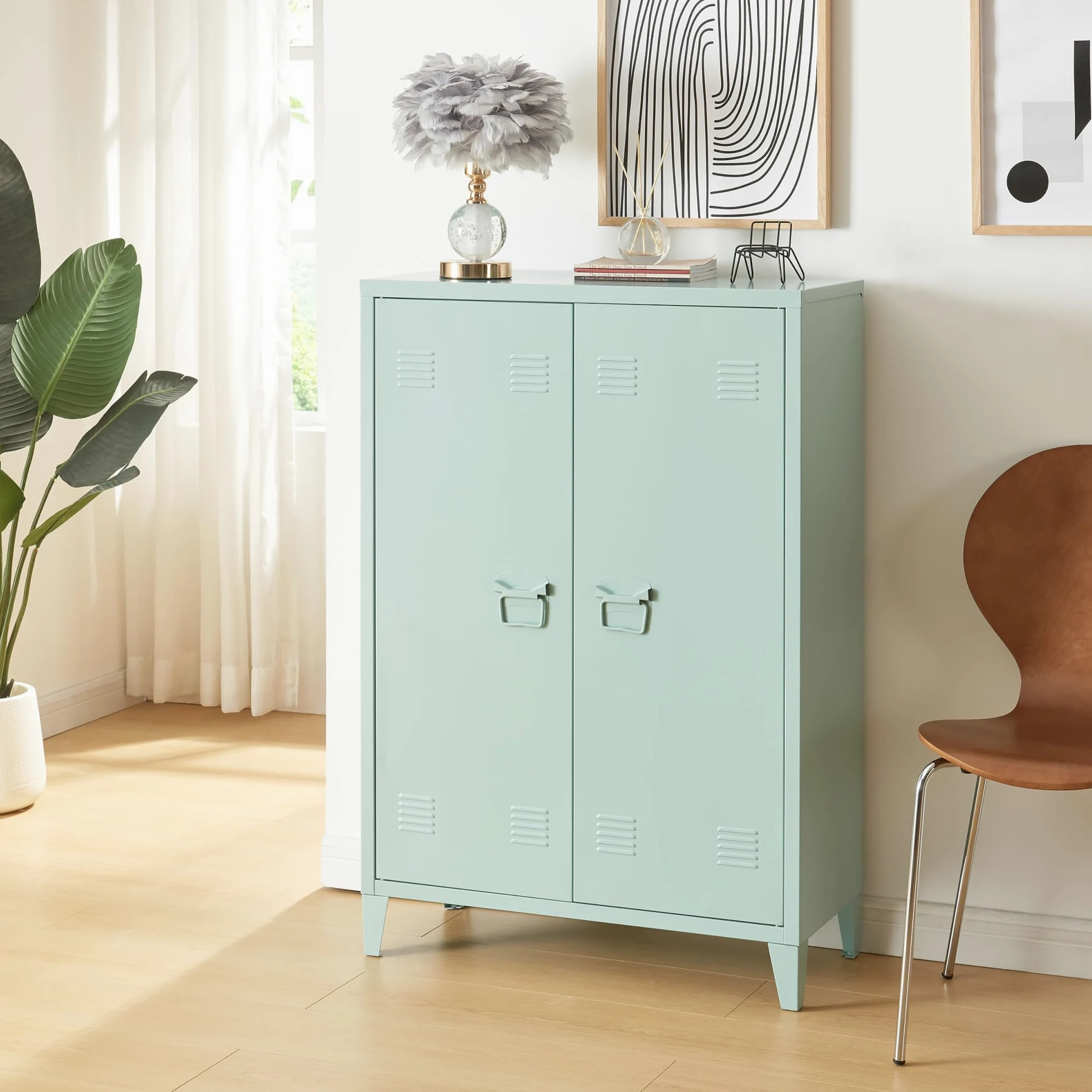 [en.casa] Armadietto da Ufficio Mobile in Acciaio per Archivio Armadio a 2 Ante e Ripiani 110 x 75 x 33 cm Verde Pastello