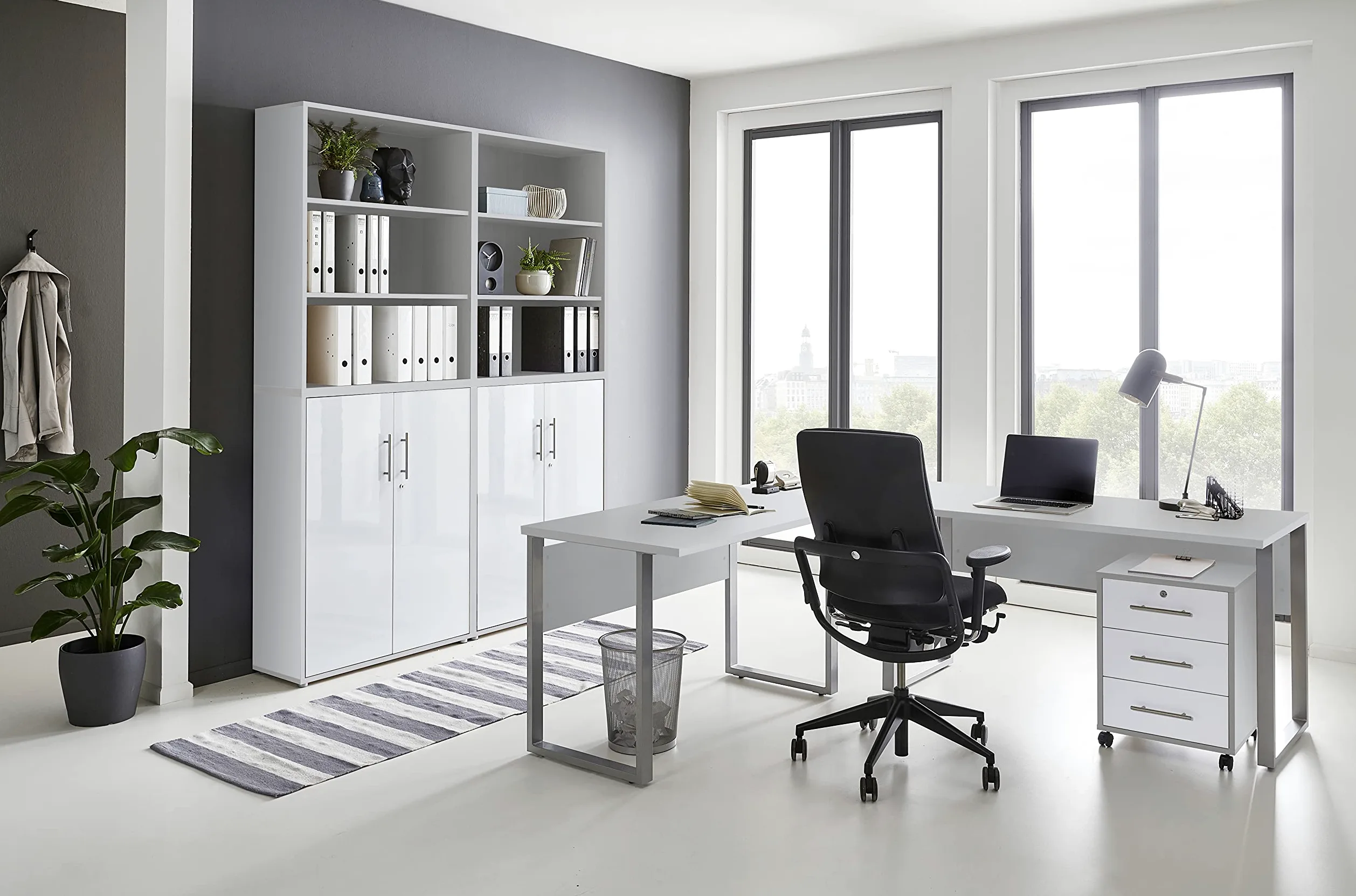 bmg-moebel.de Homeoffice - Set completo di mobili da ufficio, edizione Office 11, colore: grigio chiaro/bianco opaco