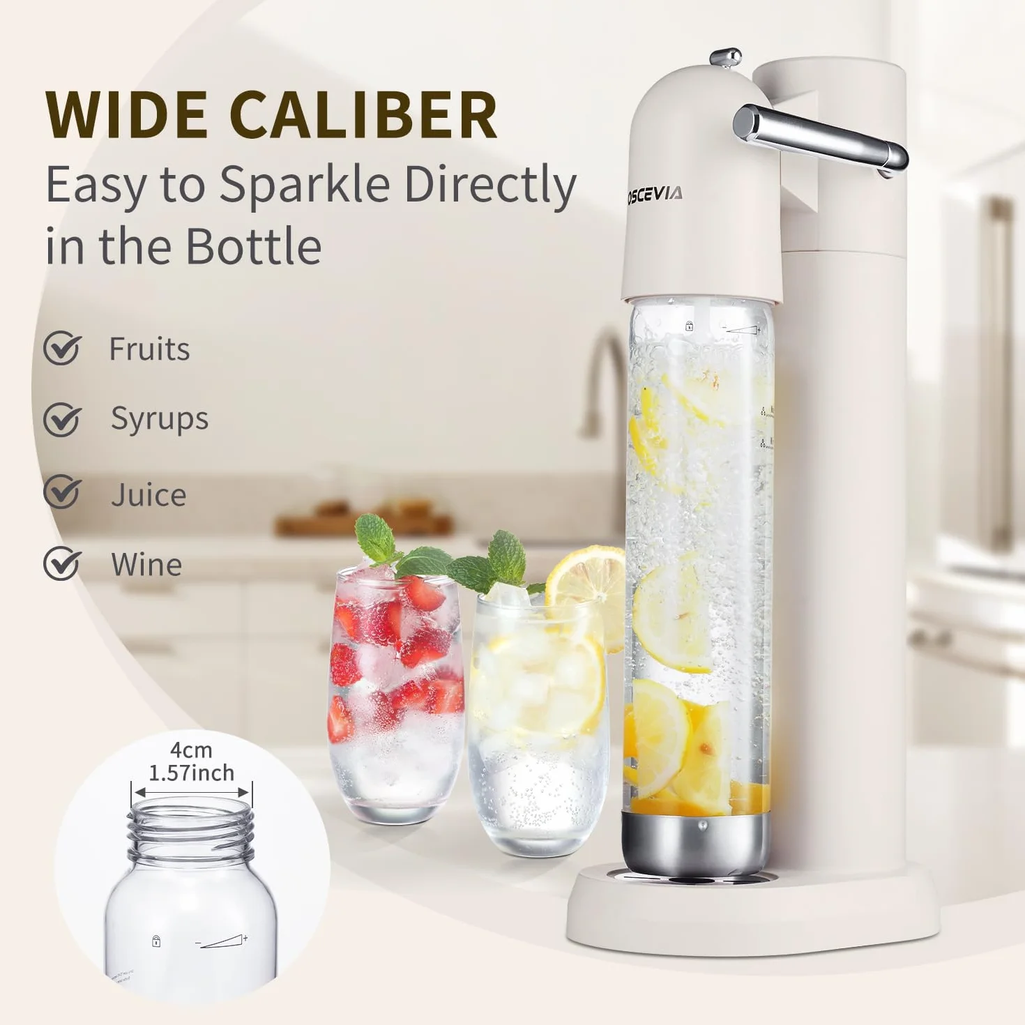 Macchina per Acqua Frizzante per Casa, Macchina per Soda con 2 Bottiglie Senza BPA (1L + 1L), Compatibile con Bombola CO₂ 60L (Non Inclusa), Bianco