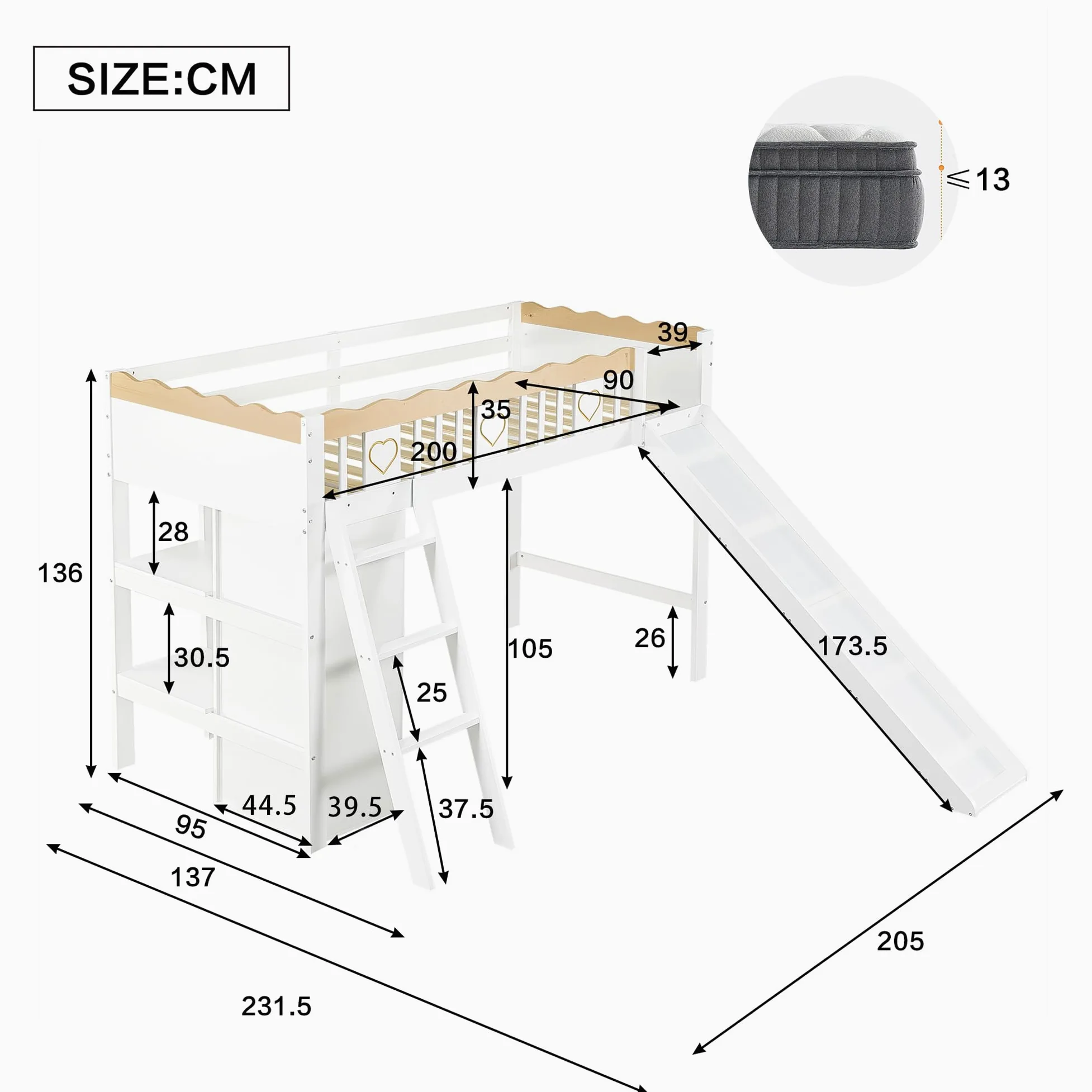 Azkoeesy Letto a Soppalco per Bambini con Scivolo, Scala Inclinata, Armadio, Mensole Librarie Integrate, Parapetto di Sicurezza Ondulato, in Pino Massiccio, Bianco, 90x200 cm