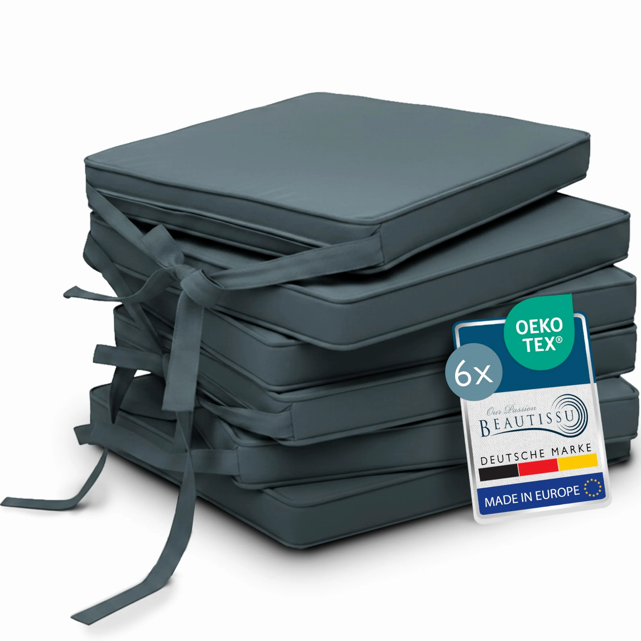Beautissu Cuscini per sedie in Set da 6 unità Loft SK 45x40x5 cm - Comodi e Resistenti - con Pratico Laccio - Blu-Grigio