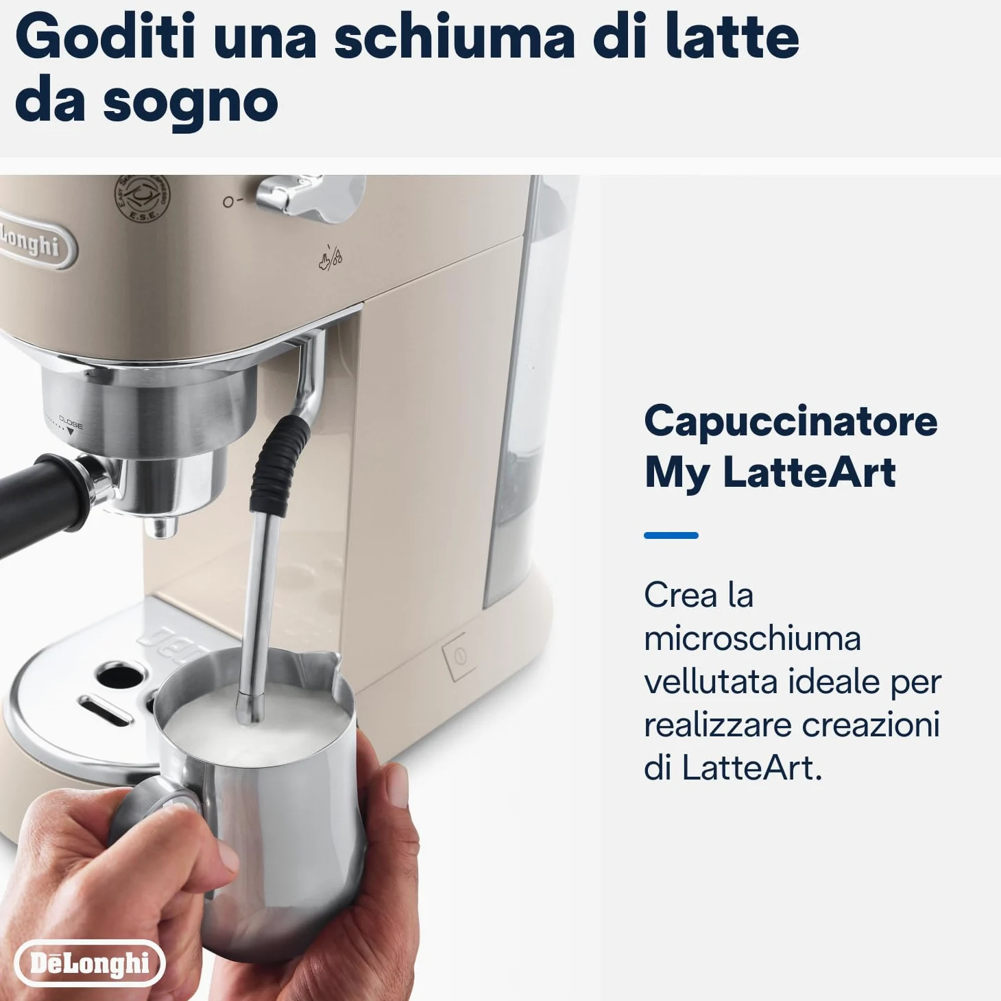 De'Longhi Dedica Arte EC885.​BG, Macchina manuale da Caffè Espresso e Cappuccino, Lancia vapore professionale, Caffè in Polvere o in Cialde E.S.E., Riscaldamento 40sec, Filtro Singolo e Doppio, Beige
