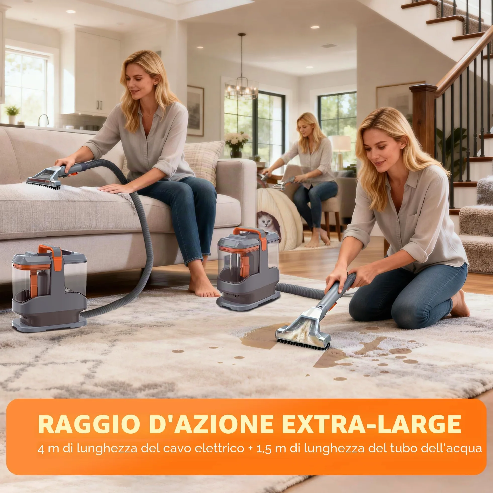 Lavatappeti 450W 13kPa, Lava Tappezzeria e Aspira per Divano, Tappeti e Auto, con 3 Spazzole e Sistema a Doppio Serbatoio Autopulente, Portatile Leggero 2,6kg