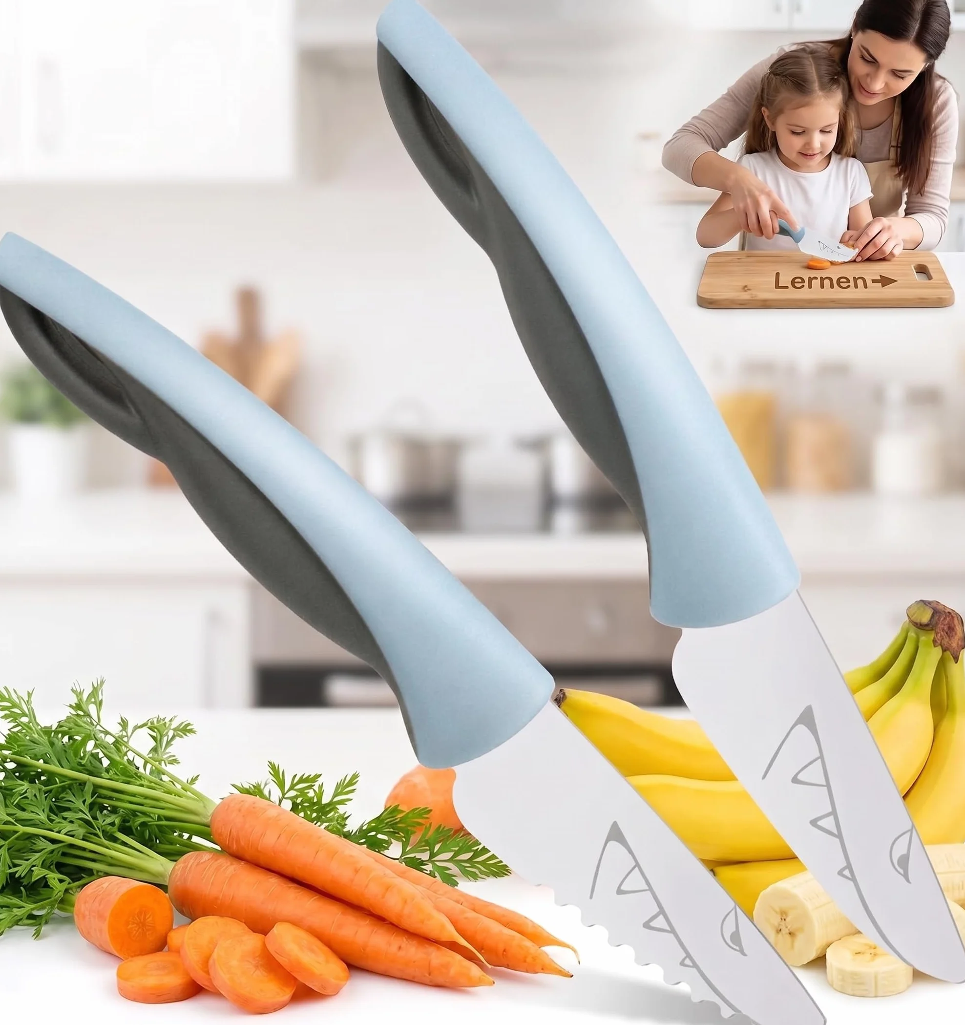 Kindermesser 2-teiliges Küchenmesser-Set Zum Schneiden Haie Blau grau, Edelstahl, Perfekte Geschenke für Weinachten Geburtstag