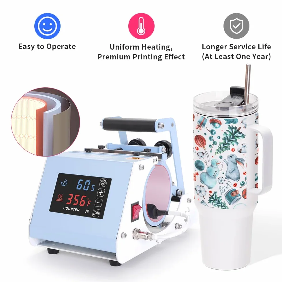 PYD Life 110 V Mini Max 40 OZ Macchina per Termopressa da 1,2 L Mug Heat Press a Schermo Tattile in Blu Chiaro per Tazze da 1,2 L con Manico Stampa a Sublimazione