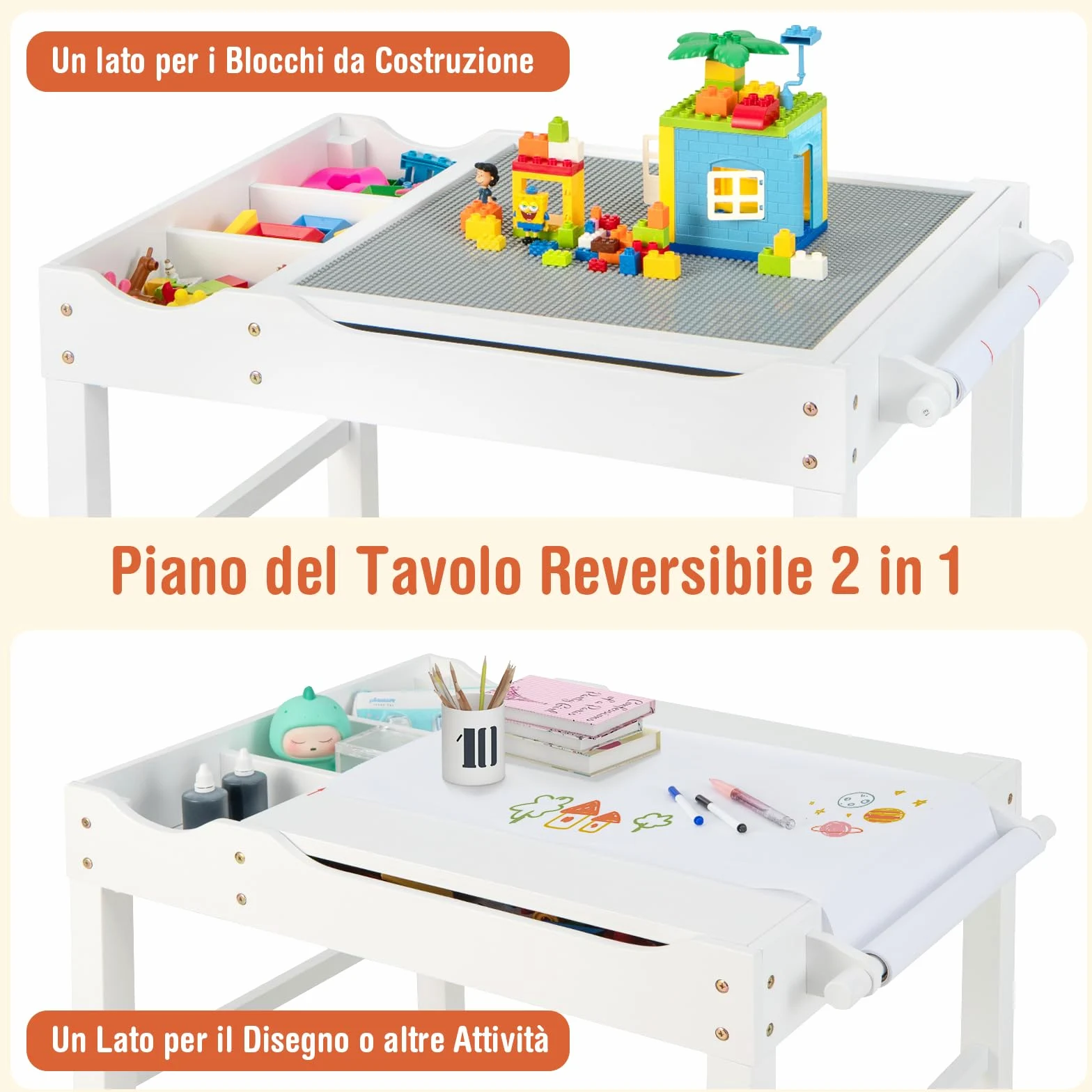 COSTWAY Tavolo da Gioco per Bambini in Legno con Piano Reversibile, Tavolo Multiattività Bambini 2 in 1, Porta Rotolo di Carta da Disegno, per Camera da Letto, Soggiorno (Bianco)