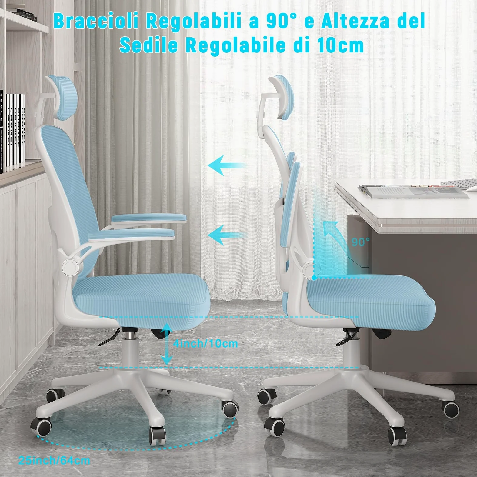 rattantree Sedia da Ufficio, Sedia Ufficio Scrivania con Poggiatesta Regolabile, Sedia Ergonomica per Computer con Braccioli Regolabili e Supporto Lombare per Home Office, Blu