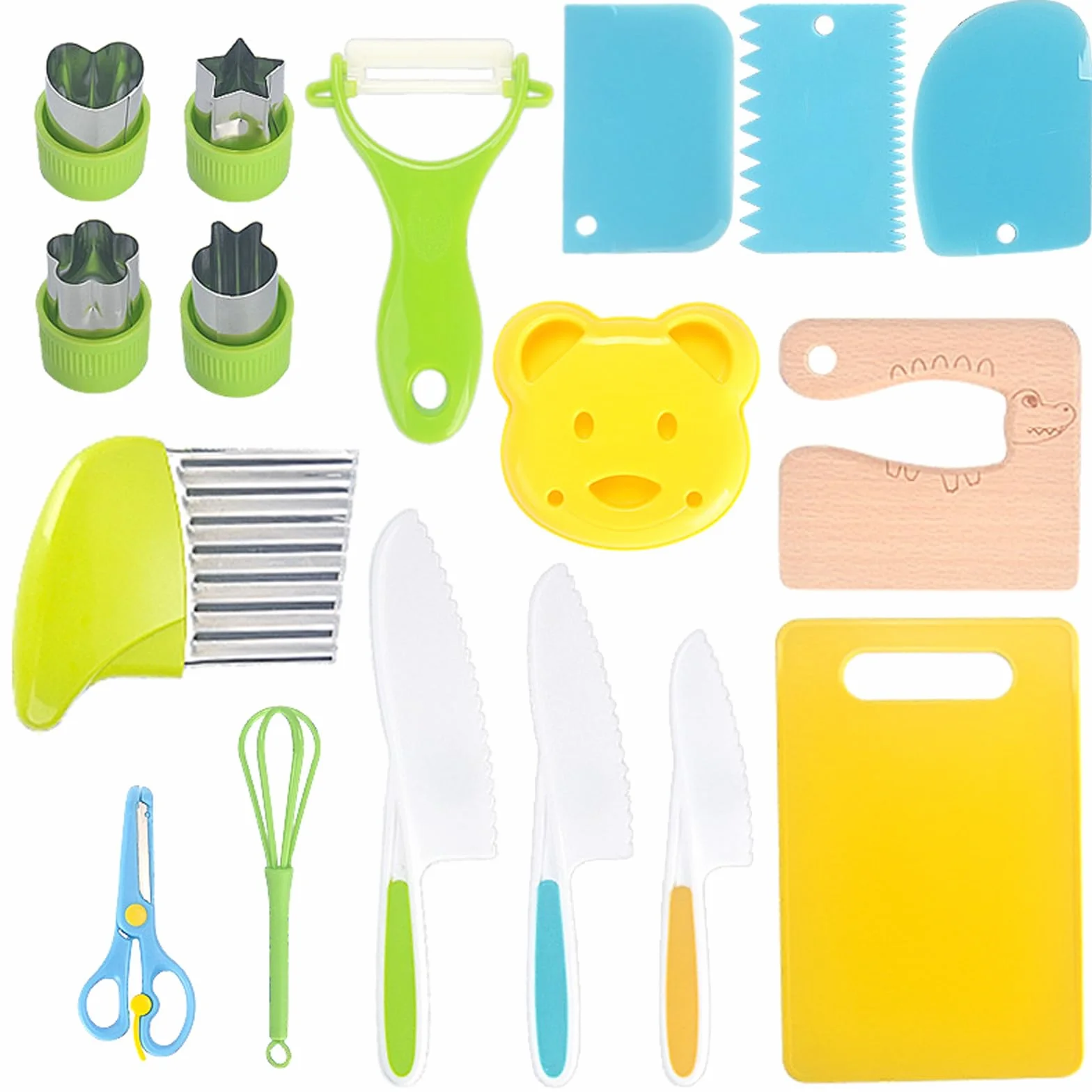 Janety 17 pezzi Coltelli da Cucina per Bambini, coltelli per bambini antitaglio Montessori, incluso coltello in legno tagliere sbucciatore, set regalo per bambini, per tagliare frutta e verdura