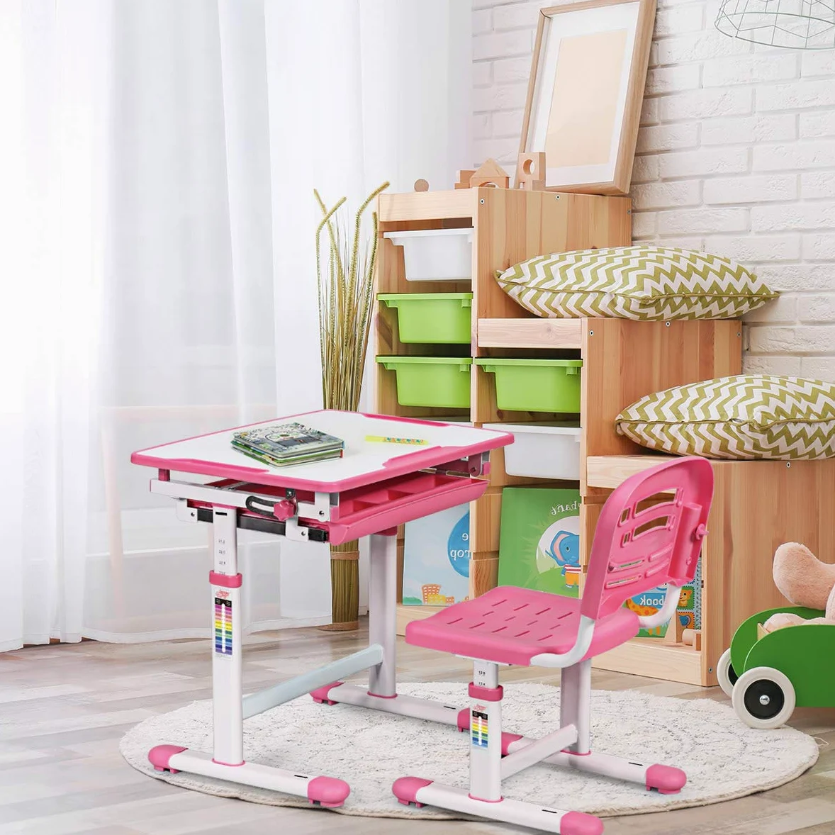 COSTWAY Set Sedia e Scrivania per Bambini Altezza e Angolo Regolabile e Multifunzionale Confortevole Apprendimento Colori Disponibili: Blu/grigio/rosa (ROSA)