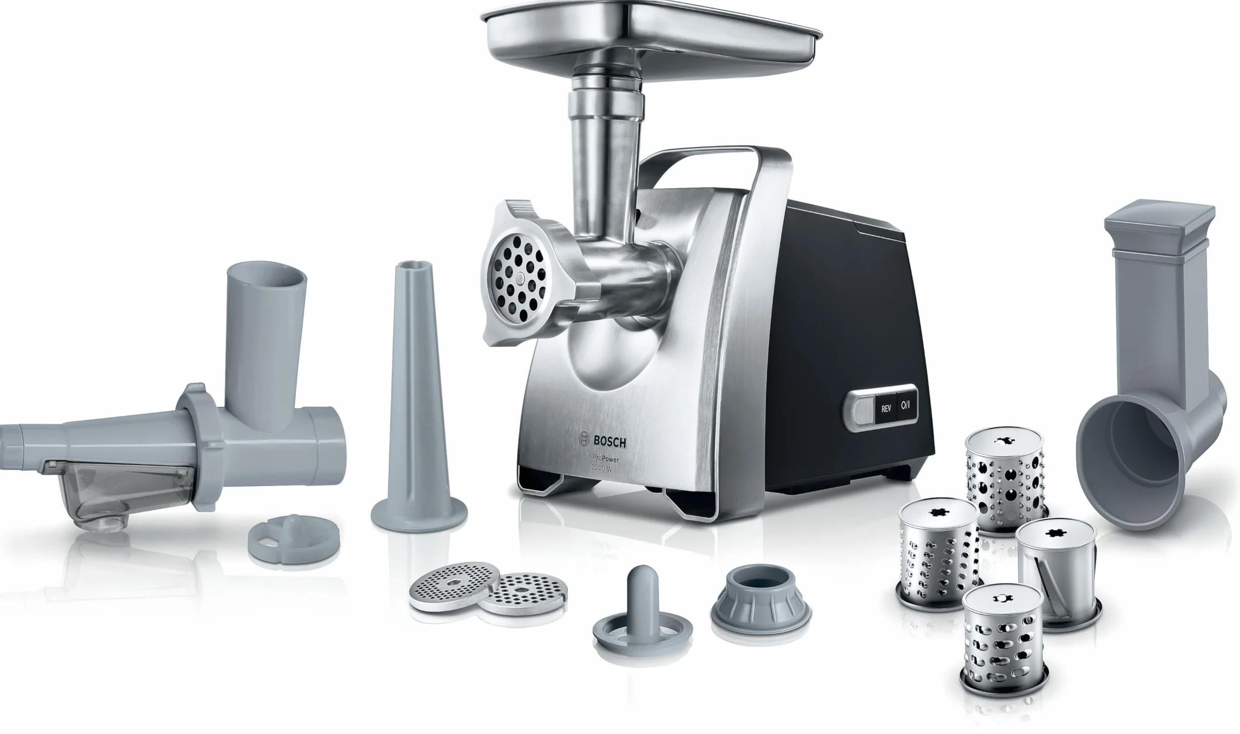Bosch Tritacarne ProPower MFW68660, 800 W, Potenza Blocco Motore 2200W per Grandi Quantità, Grande Maneggevolezza, Funzione Reverse, Tanti Accessori Inclusi, Nero, Acciaio Inox