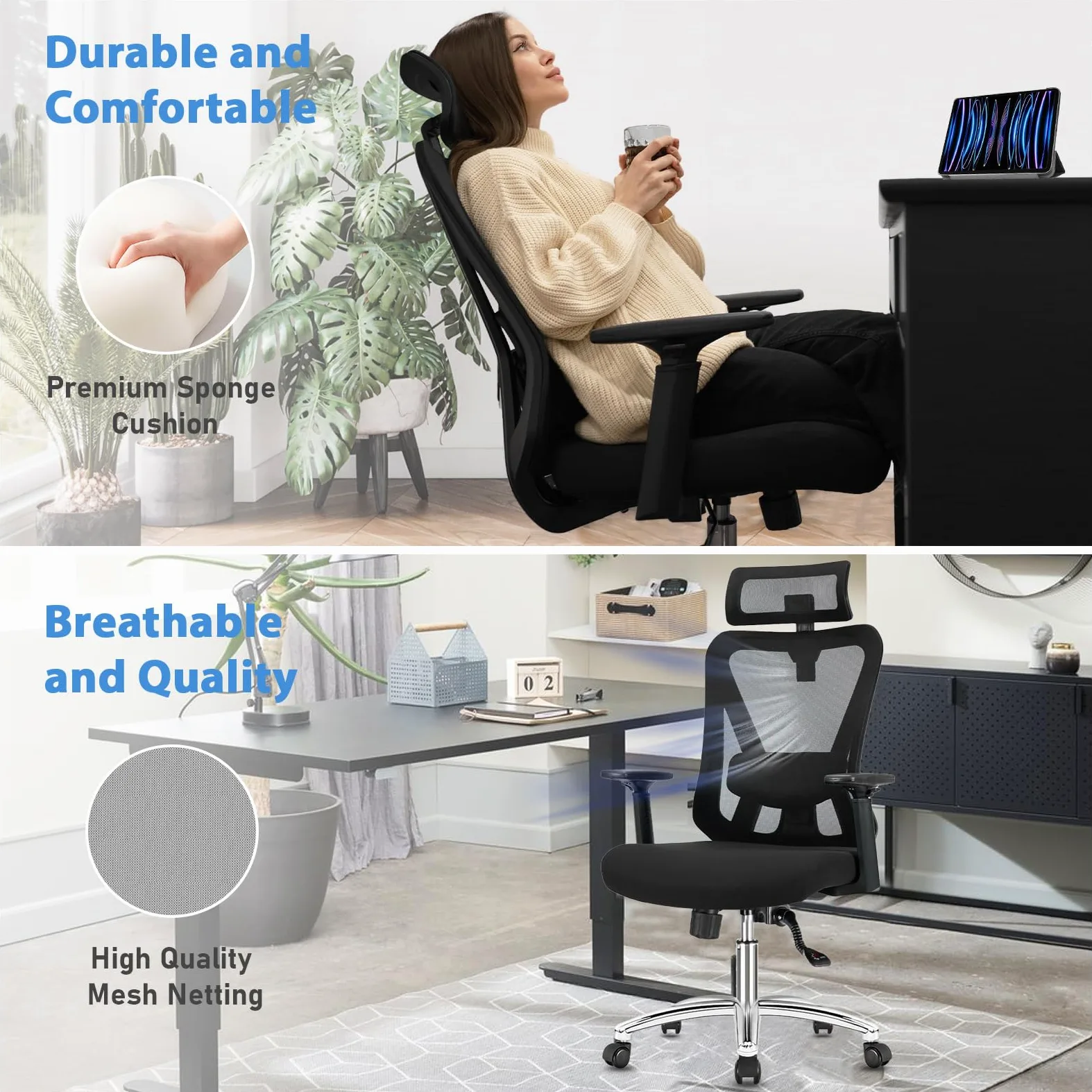 Durrafy Sedia Ufficio Ergonomica, Sedia Scrivania con 2D Poggiatesta, Supporto Lombare Regolabile und Braccioli, 90°-130° Reclinabile Poltrona Ufficio in Rete Traspirante per la Casa, Ufficio e Gaming