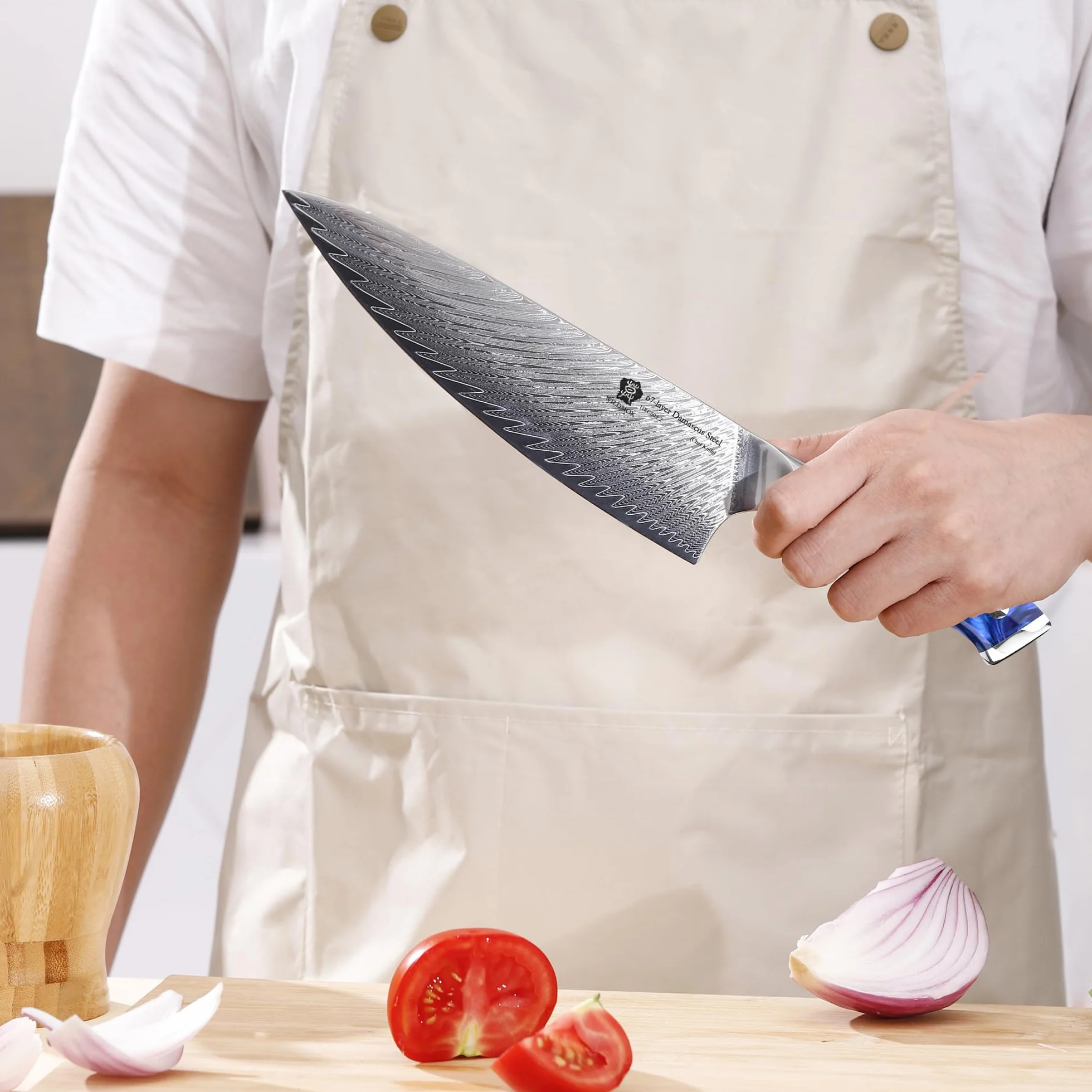 WILDMOK Coltello da Chef 20 cm, Super Acciaio 67 Strati Damasco Rasoio Affilato, Blu e Verde Mix Manico in Resina Full Tang