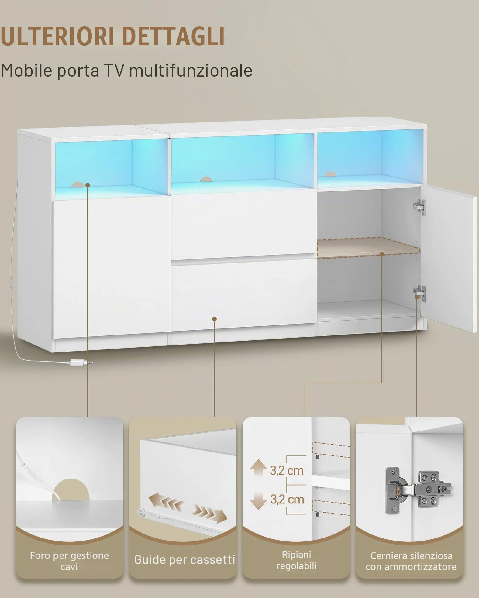 Hzuaneri Mobile TV, Tavolino Porta TV fino a 65 Pollici, con 2 Cassetti, 2 Gabinetto, 3 Scomparti Aperti, Luci LED, 147 x 40 x 76 cm, Soggiorno, Camera da Letto, Bianco TV17003XEU
