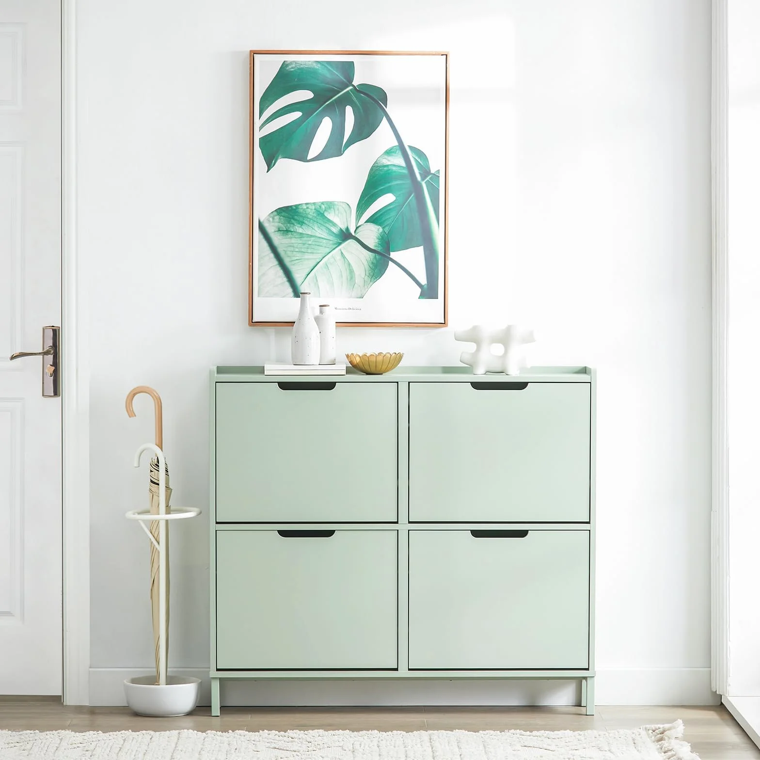 SoBuy Scarpiera Salvaspazio Slim da Ingresso Mobile Portascarpe 4 Ante a Ribalta Regolabili Legno Armadio Alta Stretta Corridoio 100x19x91 cm Verde Chiaro FSR100-GR