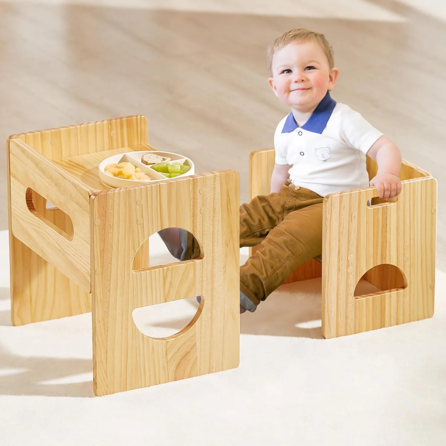 FUNLIO Set di tavolo e sedia Montessori regolabili in altezza per età 1-3, in legno massiccio, set di sedia da tavolo per bambini per leggere/mangiare/giocare - Naturale