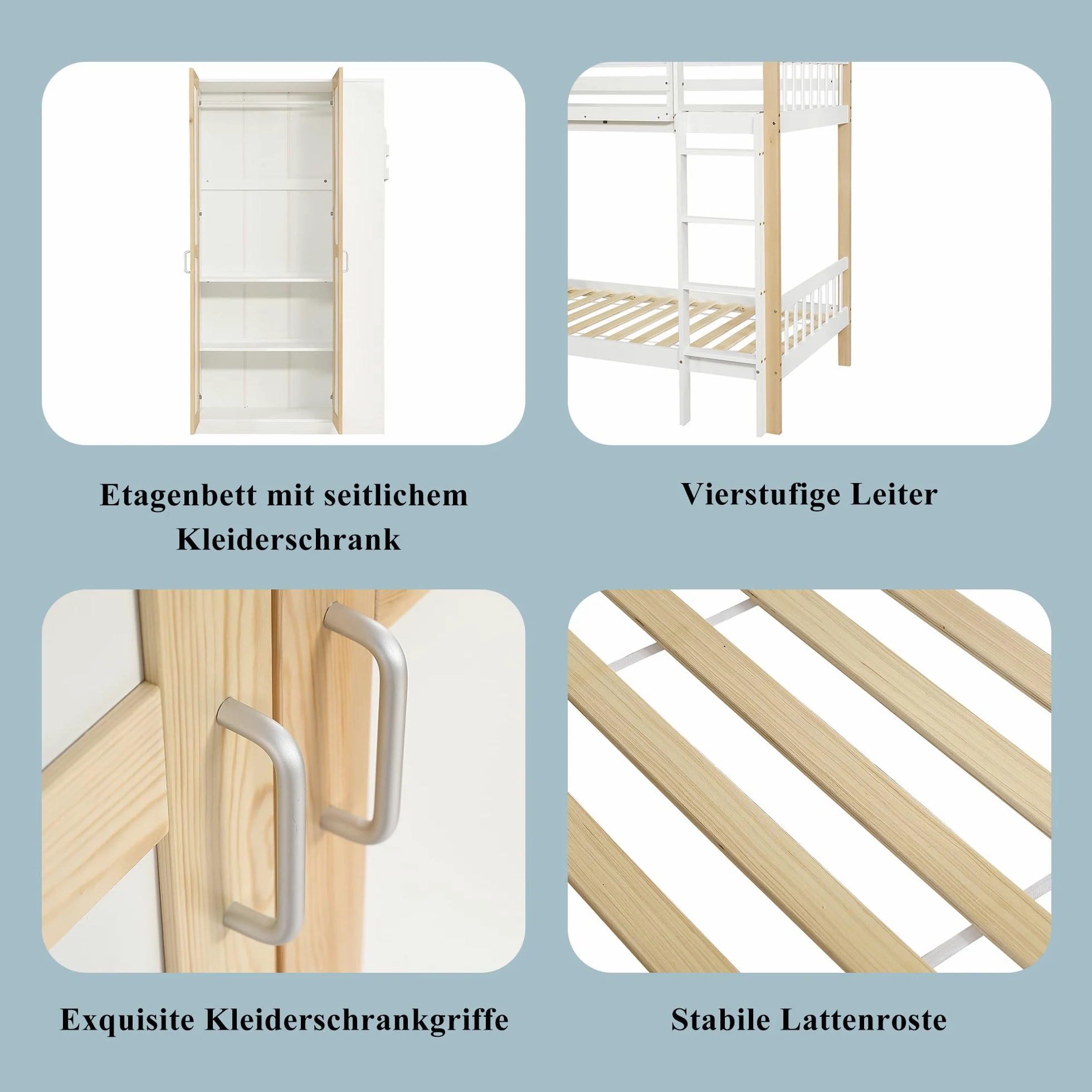 Idemon Letto a castello, Lettino per bambini con protezione laterale e griglia, con scala a 4 livelli, 6 ripiani aperti, armadio laterale, ampio spazio di archiviazione, pino+PB, bianco+naturale