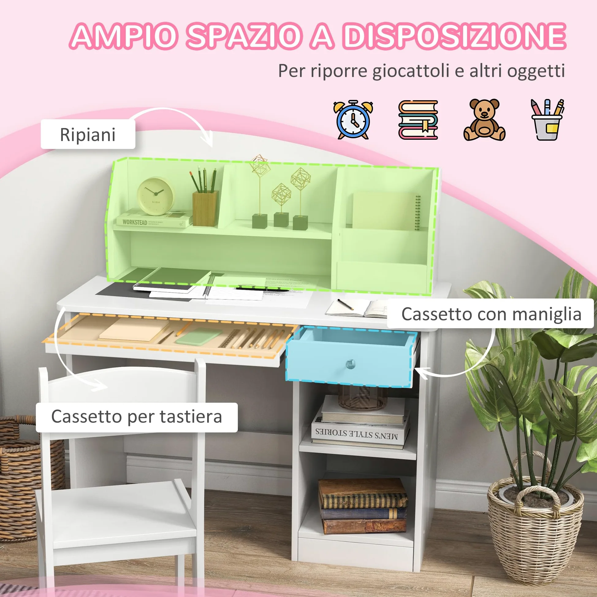 ZONEKIZ Tavolo Scrivania per Bambini con Sedia, Banco Scuola per Bambini da 5 a 8 Anni in Legno con Scaffale e Seggiola, Bianco