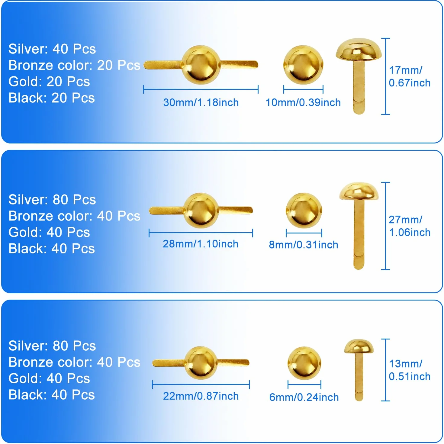 Aarta Mini Brads 500 Pezzi, 0,6-1 cm Testa Rotonda in Metallo per Scrapbooking, Ufficio, Artigianato
