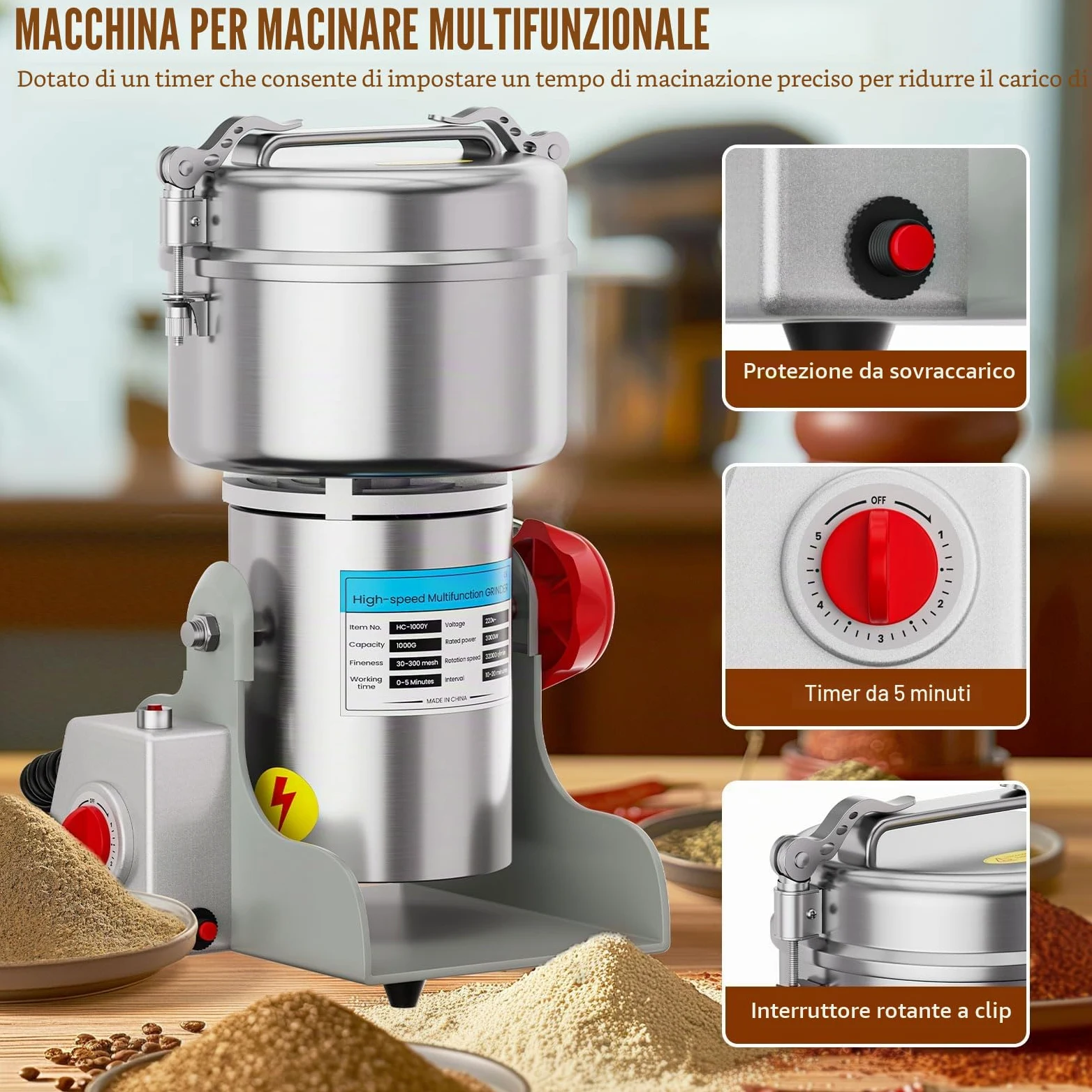 Mulino elettrico per grano da 1000 g, frantoio per grano 3000 W ad alta velocità, macchina per polvere commerciale con protezione da sovraccarico per cereali secchi, riso, chicchi di mais