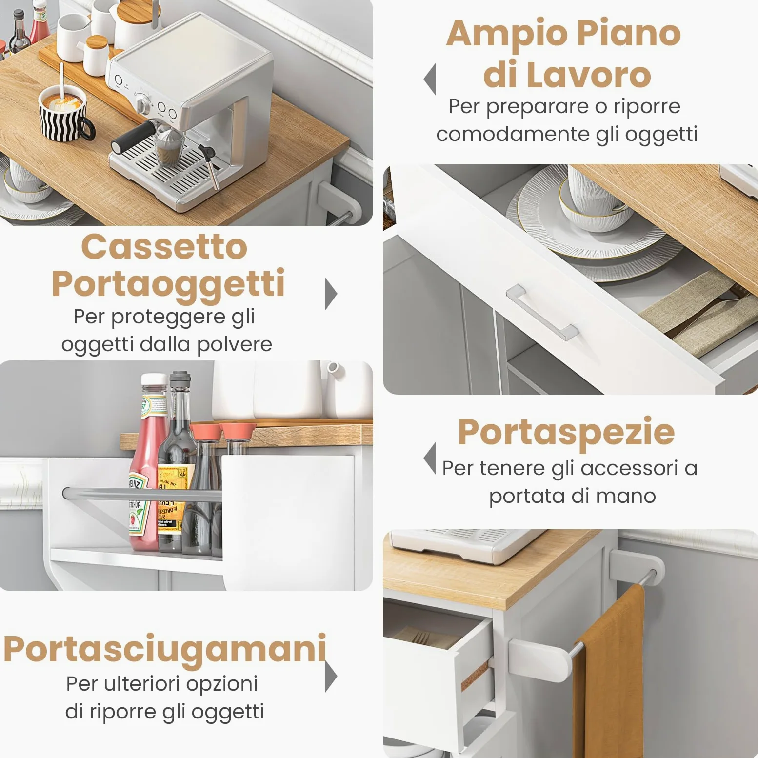 COSTWAY Isola da Cucina con Ruote, Carrello da Cucina con Cassetto e Armadio, Porta Spezie e Barre Porta Asciugamani, Armadietto Mobile con Ripiano Regolabile per Sala da Pranzo, 83x48x91 cm