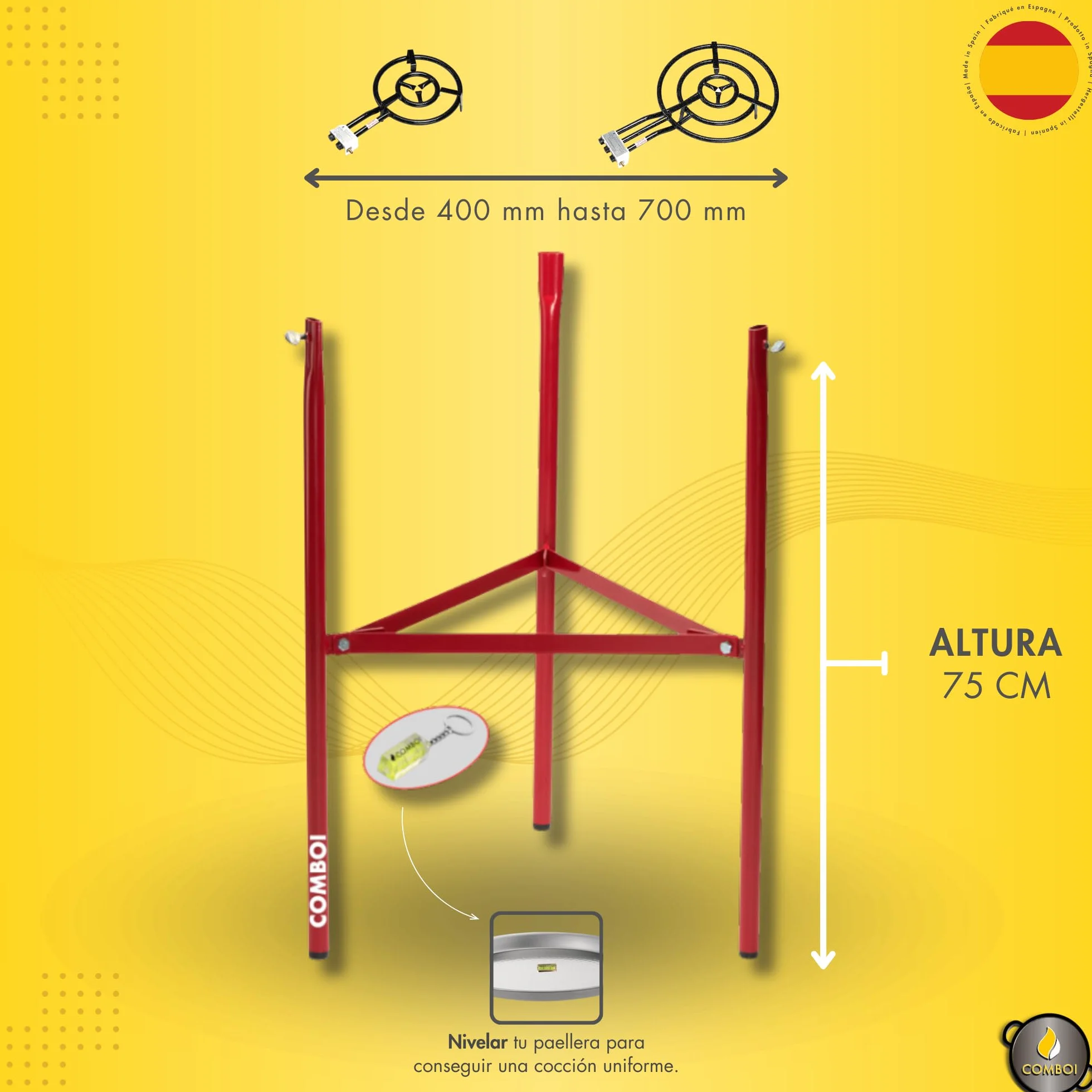 COMBOI Kit Paellero Pro-E 53 cm, Bruciatore a gas butano-propano, Paellera smaltata 70 e 42 cm, Regolatore, Tube, Gambe rinforzate, Livello, Grembiule, Libro ricette digitali