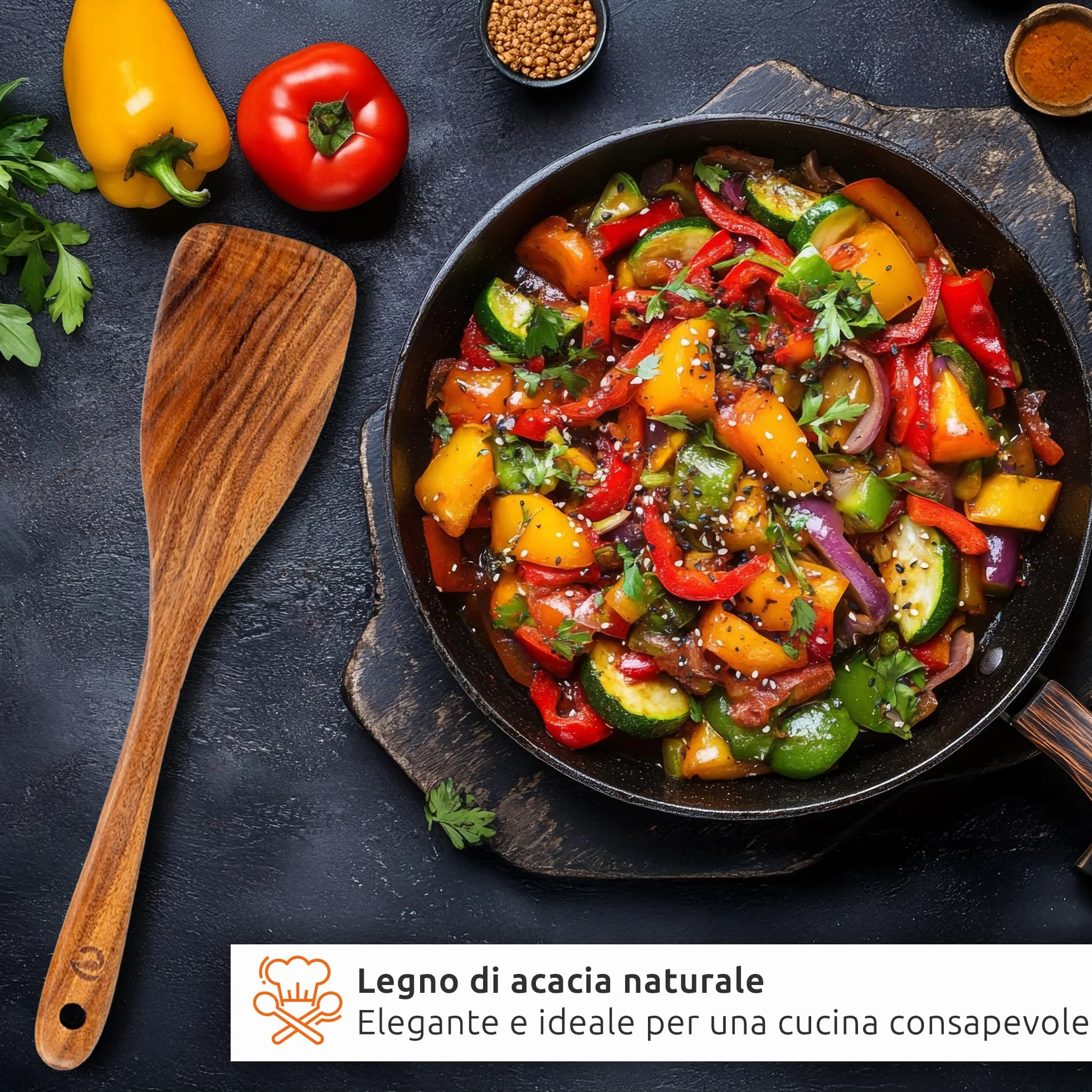 ECENCE Set di Spatole in Legno di Acacia 3 Pezzi - Resistenti al Calore per Padelle Antiaderenti