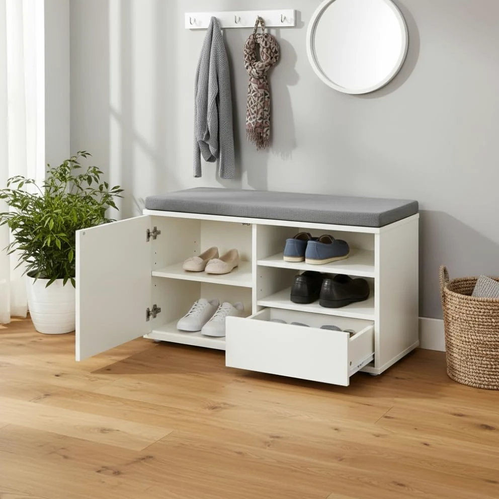 MAKA Scarpiera Panca Ingresso con Seduta, Portascarpe con Cuscino Imbottito L80xP35xA46, Capacità Seduta 200 Kg, Scarpiera con Scomparti a Scaffale, Legno Resistente (Bianco)