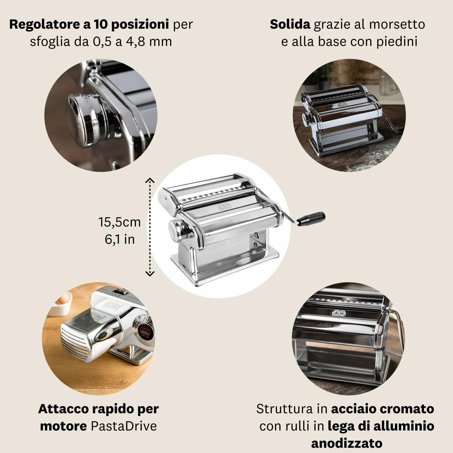 Marcato AT-180-CLS Macchina per Pasta Manuale Atlas 180 Classic, Acciaio Cromato