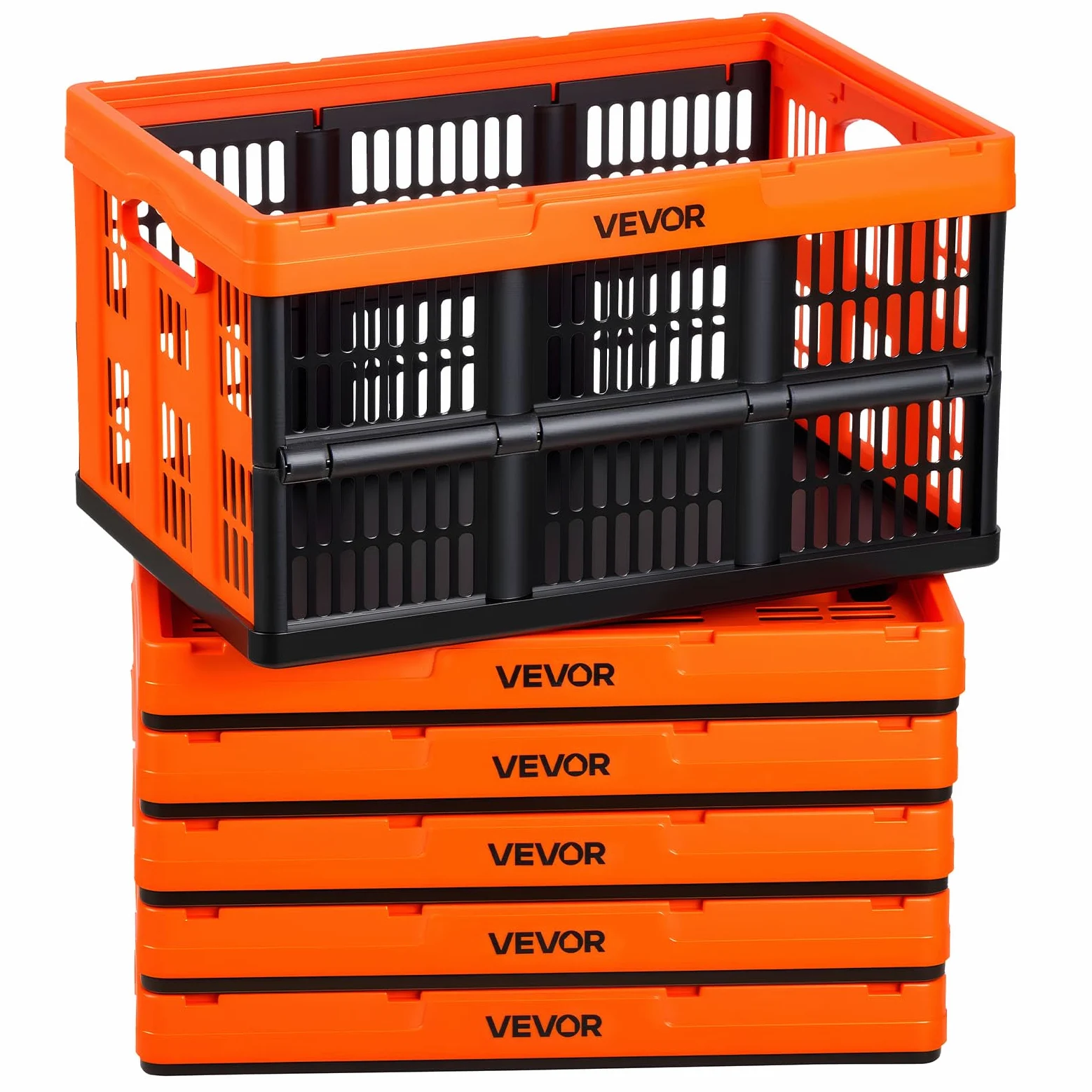 VEVOR Scatole Portaoggetti Pieghevoli in Plastica 45 L, Cassette Pieghevoli Impilabili con Maniglie, Confezione da 6, Portata Massima 15 kg, Cestini Contenitori Pieghevoli Resistenti e Salvaspazio