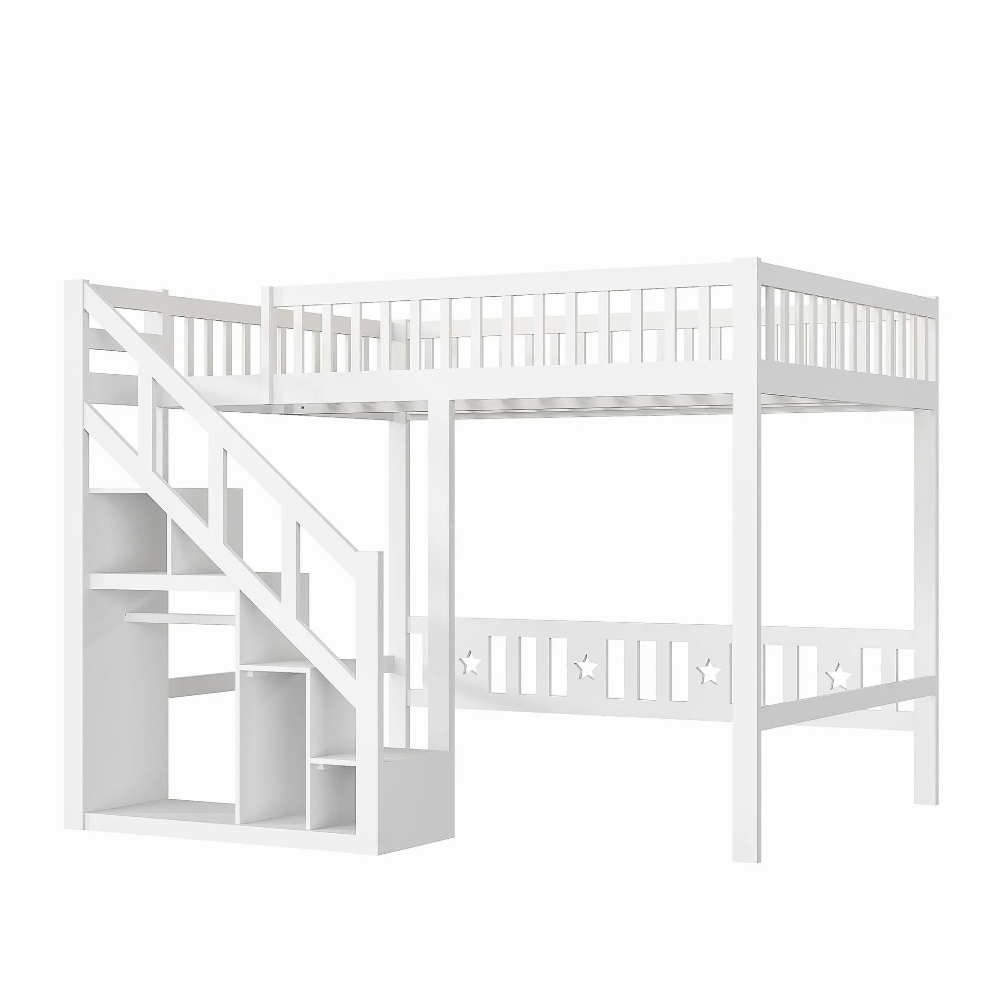 Letto a Soppalco 140x200cm con Recinzione Sicura e Scala di Stoccaggio, Letto a Castello Bianco per Bambini e Ragazzi - Struttura Legno Stile Montessori