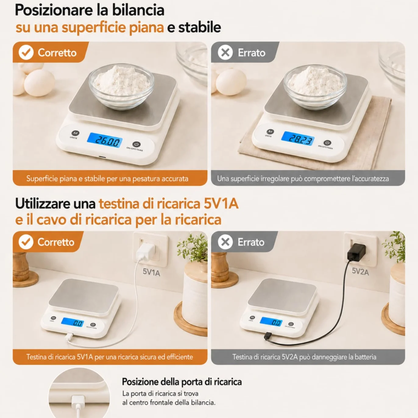 Meilen Bilancia da Cucina Digitale 11 LB/0.1 OZ, Bilancia di Precisione 5 KG / 0.1 G per cucinare e cuocere al forno, Batteria al litio integrata da 300 mAh, Ricarica di tipo C, Bianca