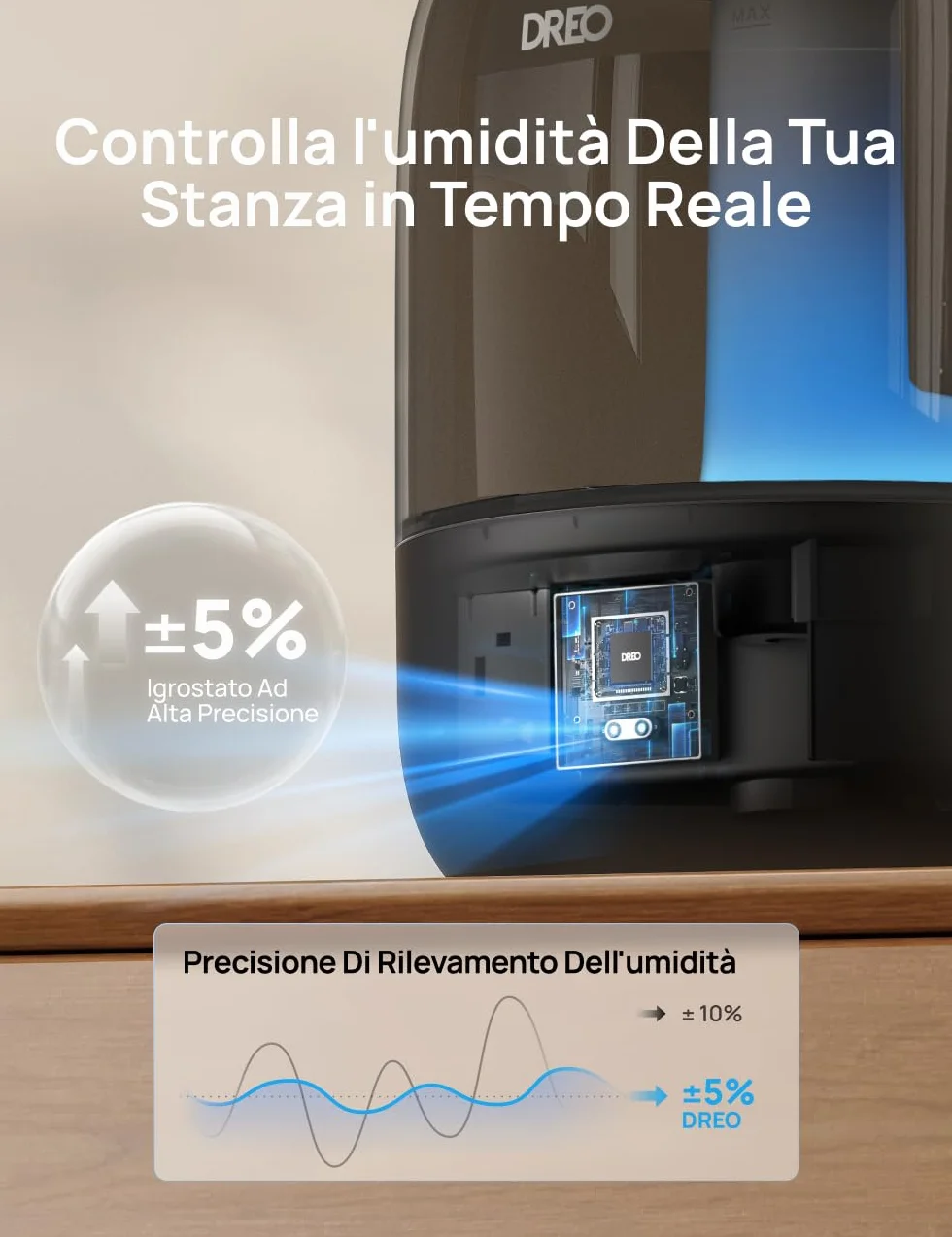 Dreo 3L Umidificatore Ambiente Bambini Silenzioso 26dB con Sensore di Umidità, Ultrasuoni Nebbia Fresca, Ugello 360°, 30h Autonomia, Diffusore Oli Essenziali, Luce Ambientale, per Casa e Piante, Nero