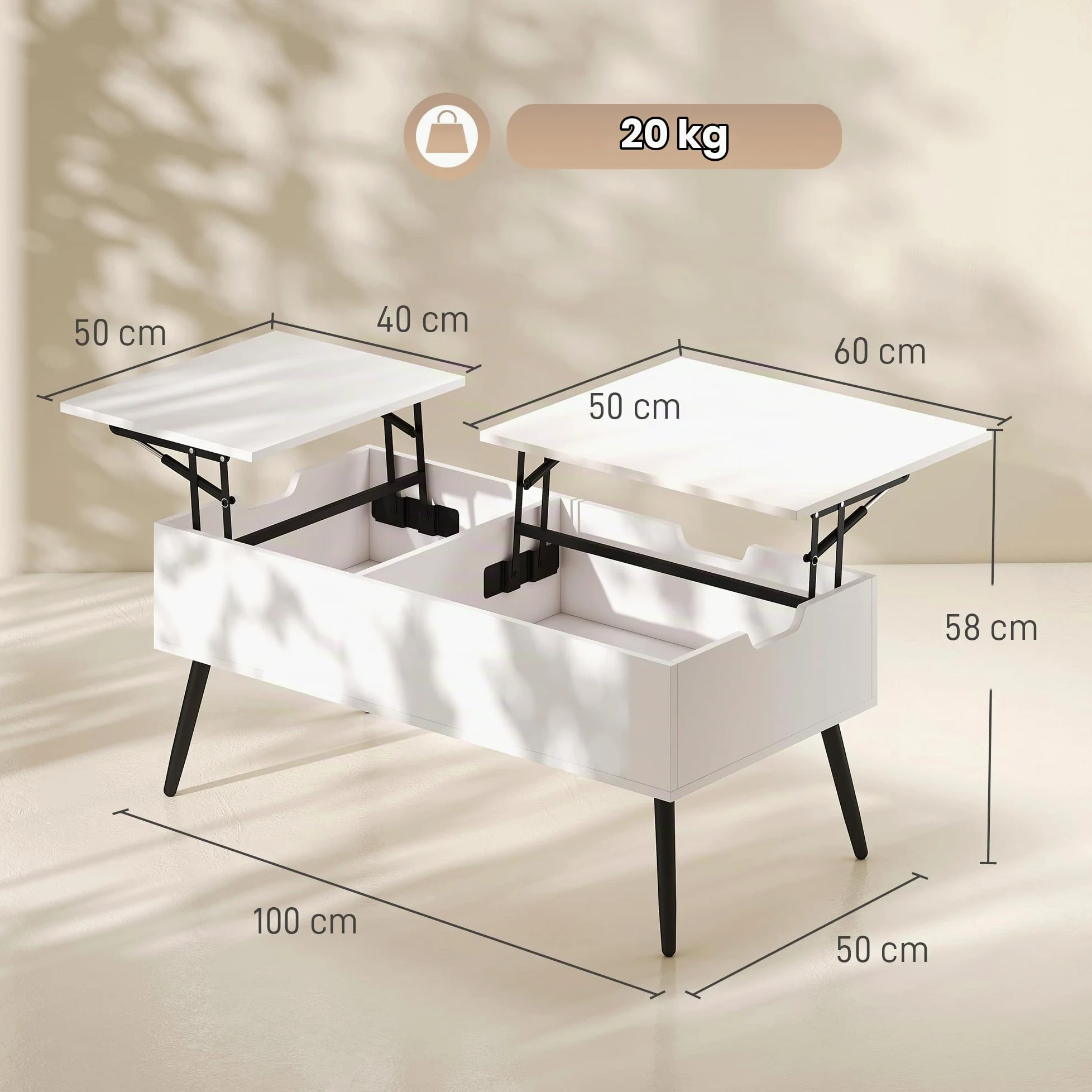 HOMCOM Tavolino da Caffè Sollevabile Salotto 100x50x43.6-58 cm Bianco | Doppio Piano, Vano Nascosto, Gambe in Metallo, Soggiorno Casa Ufficio