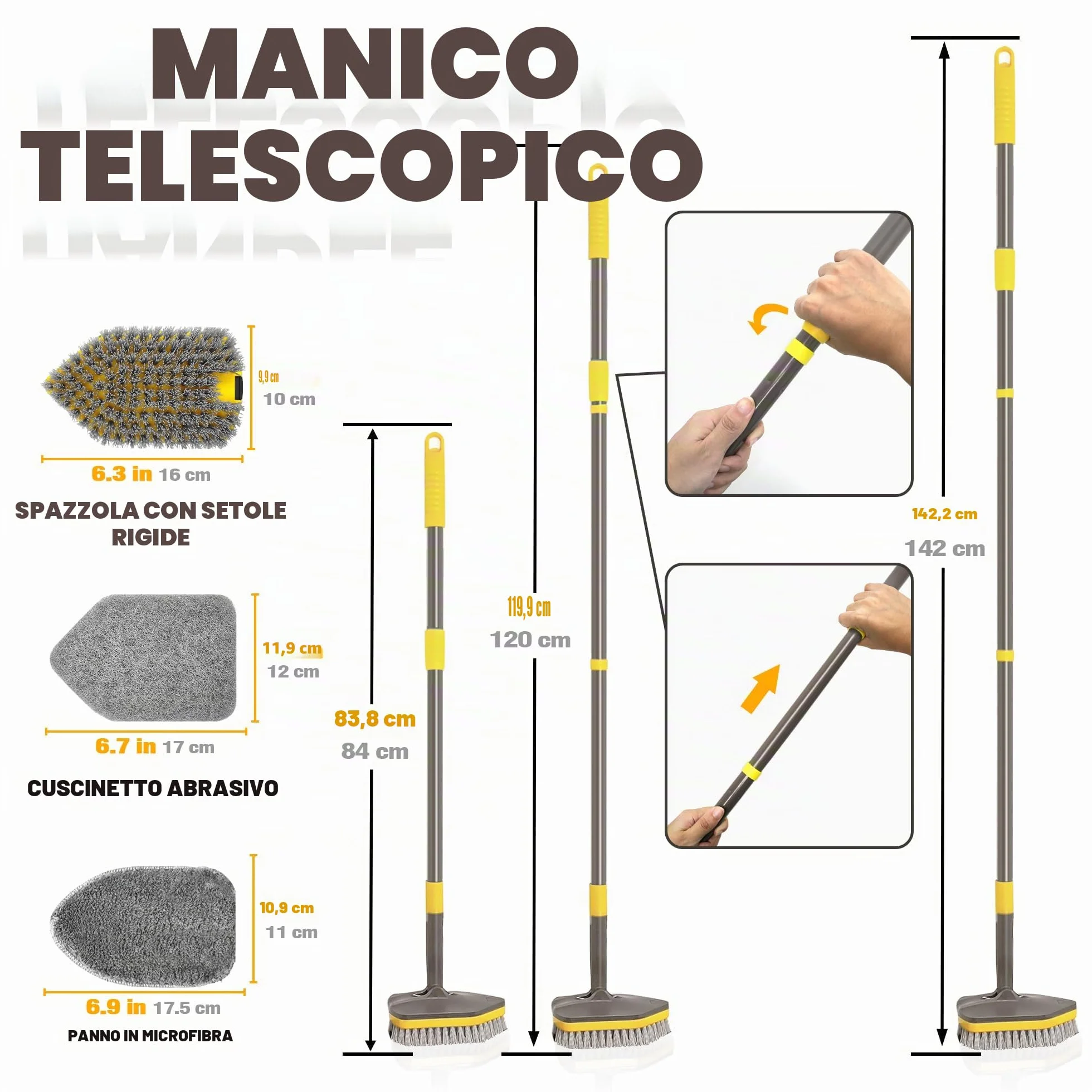 NEWE 3 in 1 Spazzola per la Pulizia della Doccia con Manico Telescopico 142 cm 4 Testine Sostituibili