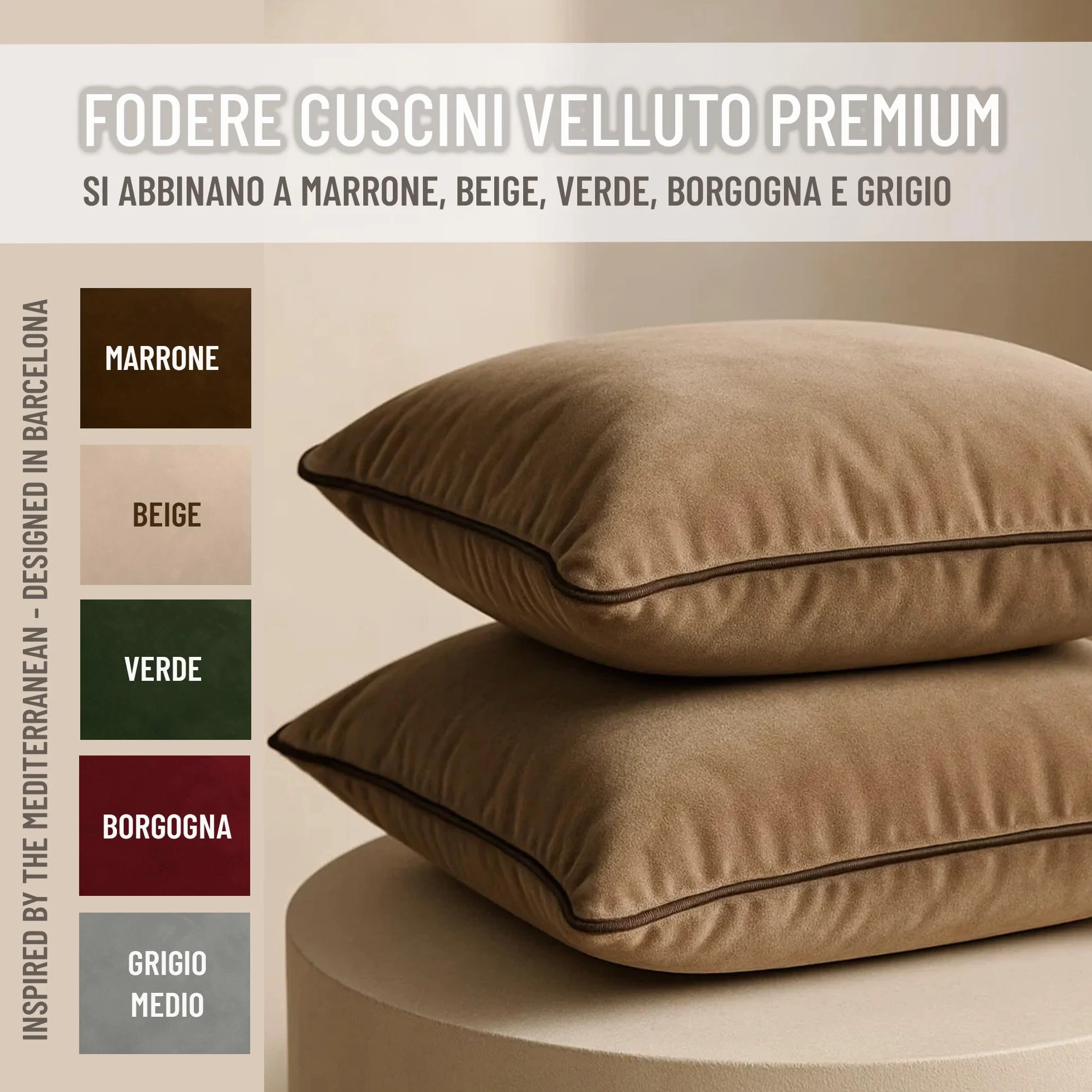 Set di 2 Fodere decorative per Cuscino. Modello OXFORD. Realizzate in velluto extra morbido. Design moderno con bordo a contrasto. Imbottitura non inclusa. (Camel/Marrone, 45x45cm)
