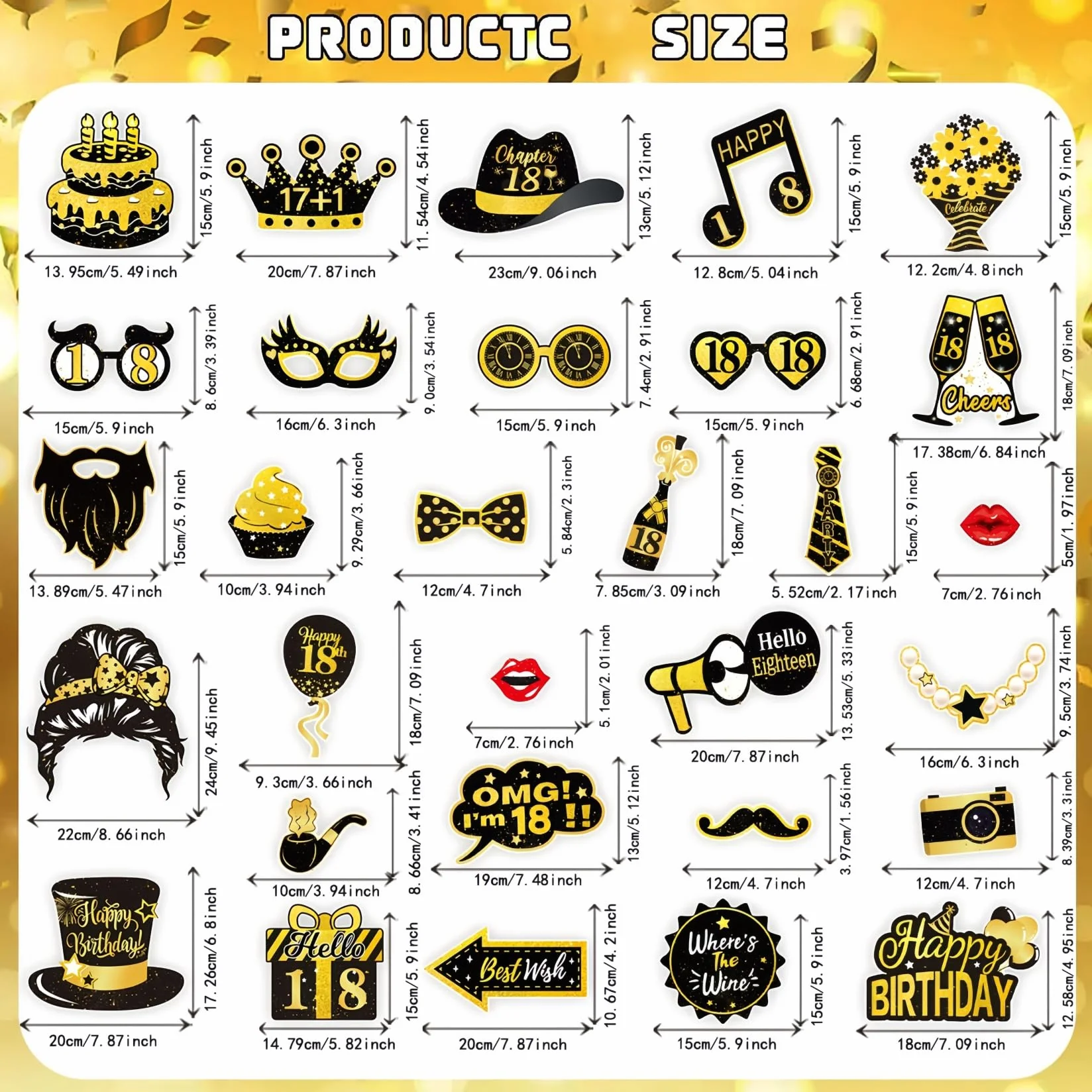 Photo Booth Compleanno 18 anni, 30 Pezzi Foto Props per Feste e Compleanni con Nero Oro, Spiritosi Fai da Te Gadget 18 anni Ragazza Ragazzo per Invitati (18th)