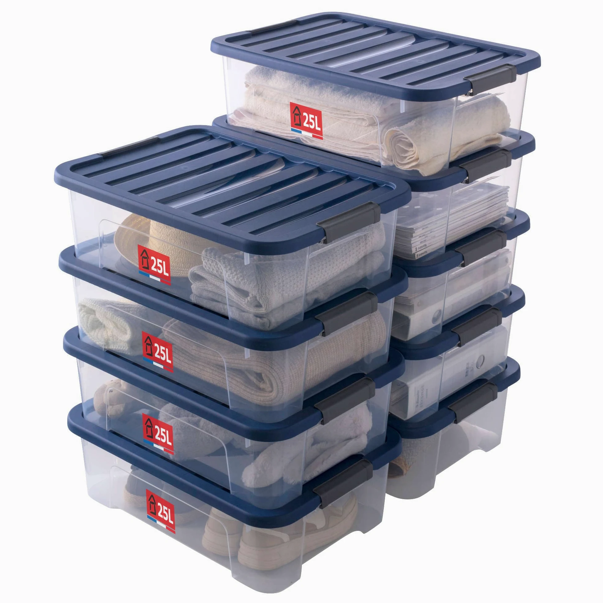 SUNDIS Wave Box, 9 scatole portaoggetti 25L, con coperchio a clip | Impilabile, plastica trasparente, ideale per riporre oggetti in camera da letto, spogliatoio, ufficio o ripostiglio