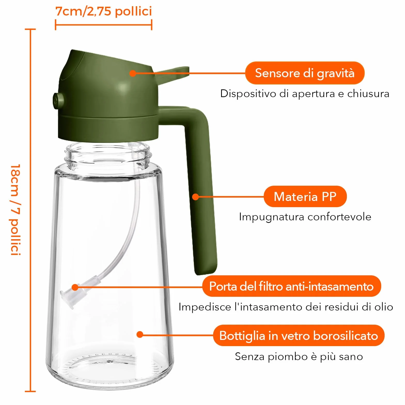 YARRAMATE, Spruzzatore per olio da 470 ml per cucinare con adesivi, dispenser di olio d'oliva 2 in 1 di qualità alimentare, per gadget da cucina, insalata, friggere, barbecue, verde oliva