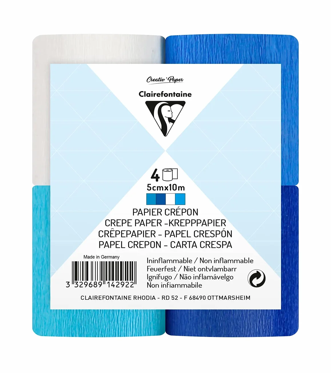 Clairefontaine Zestaw 4 taśm z papieru krepowego ognioodpornego niepalny 5 cm x 10 m mix niebieski 4 kolory