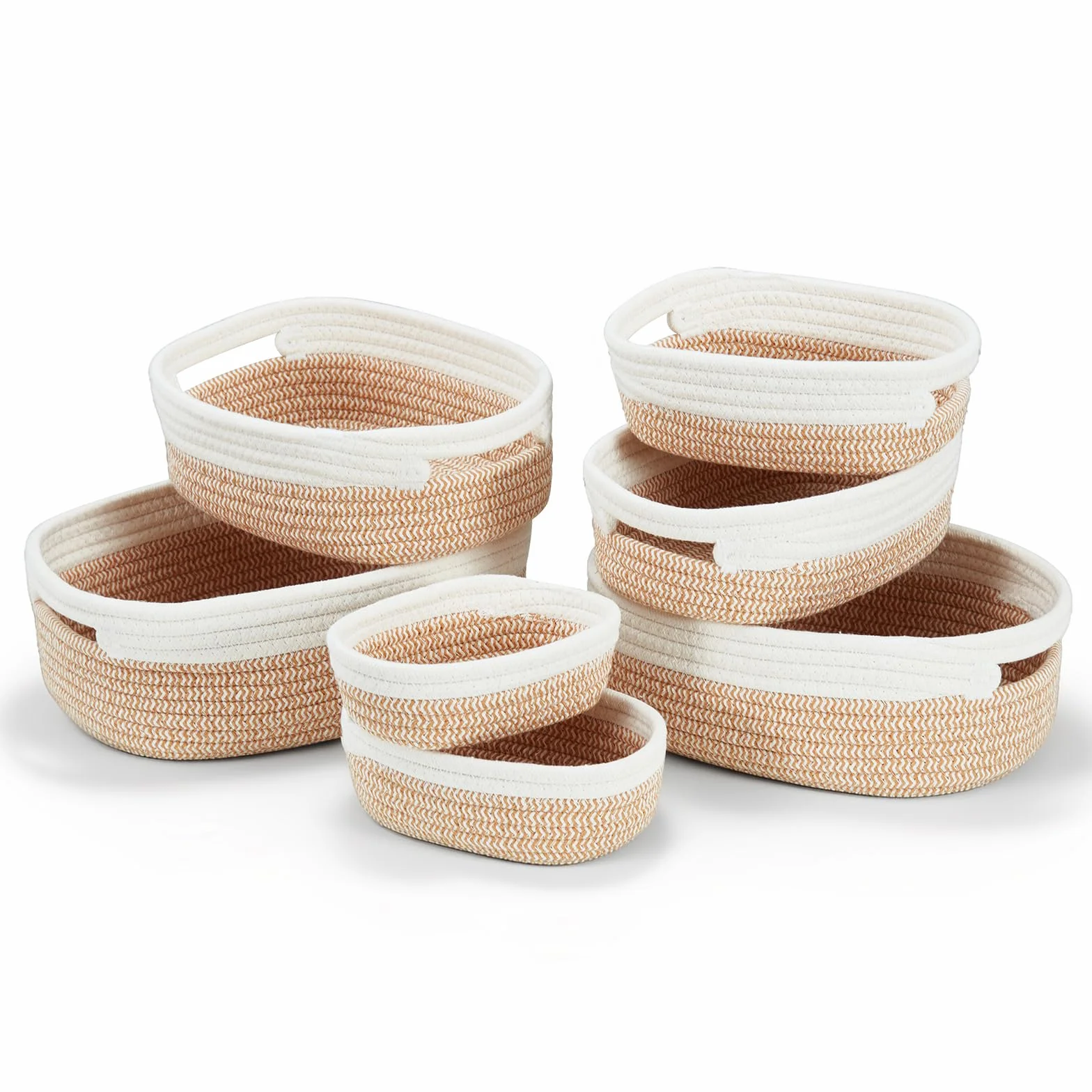 Mangata Piccoli cestini decorativi ovali da forno, in corda di cotone, vuoti, per mensole, chiavi, asciugamani e vaso, senza pieghe, materiale morbido, inodore (Zenzero misto, set da 7)