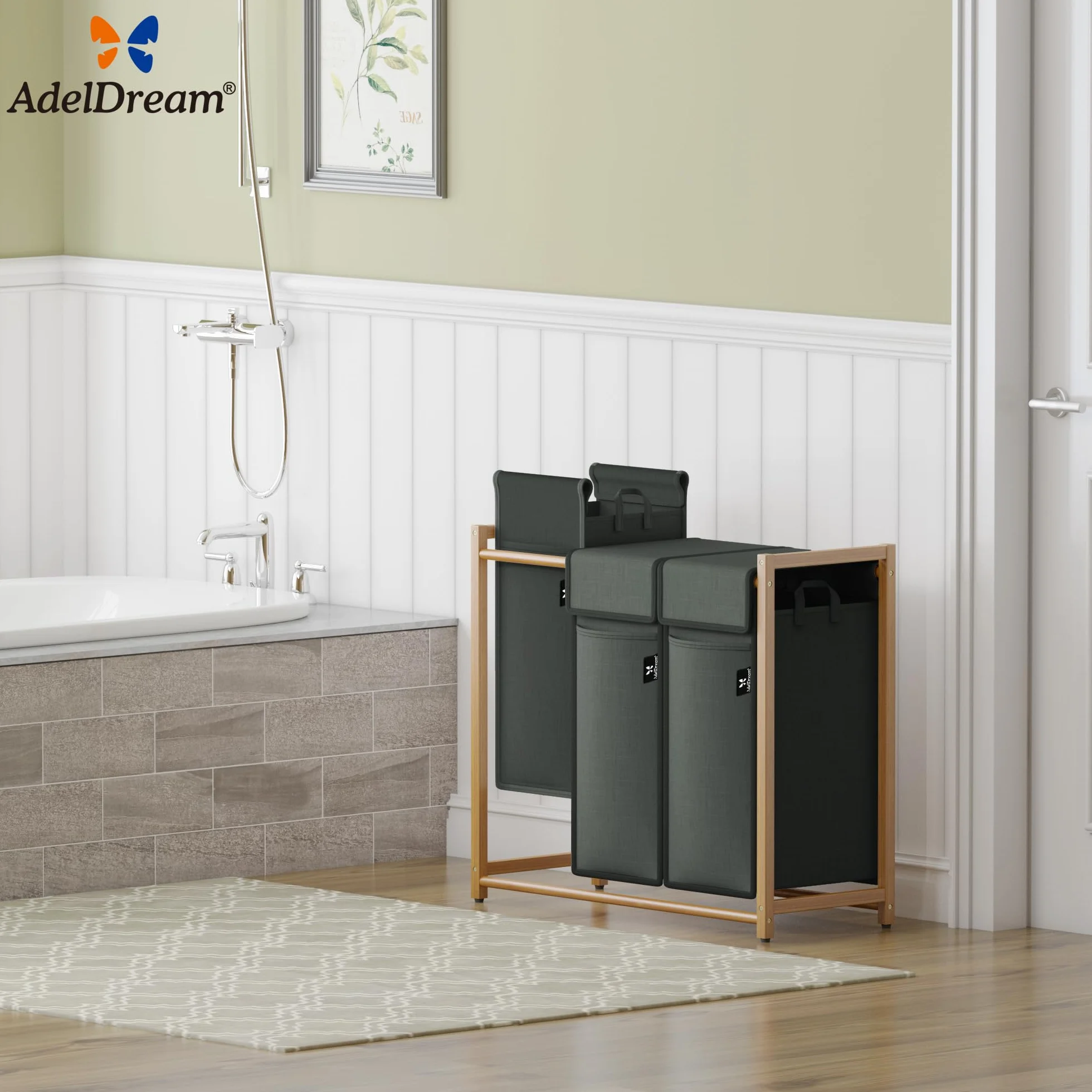 AdelDream Cesto per Biancheria, Separatore per Vestiti, 3 Scomparti, Carrello per Biancheria con Tasche Rimovibili, Bambù 150 L, Grigio Scuro