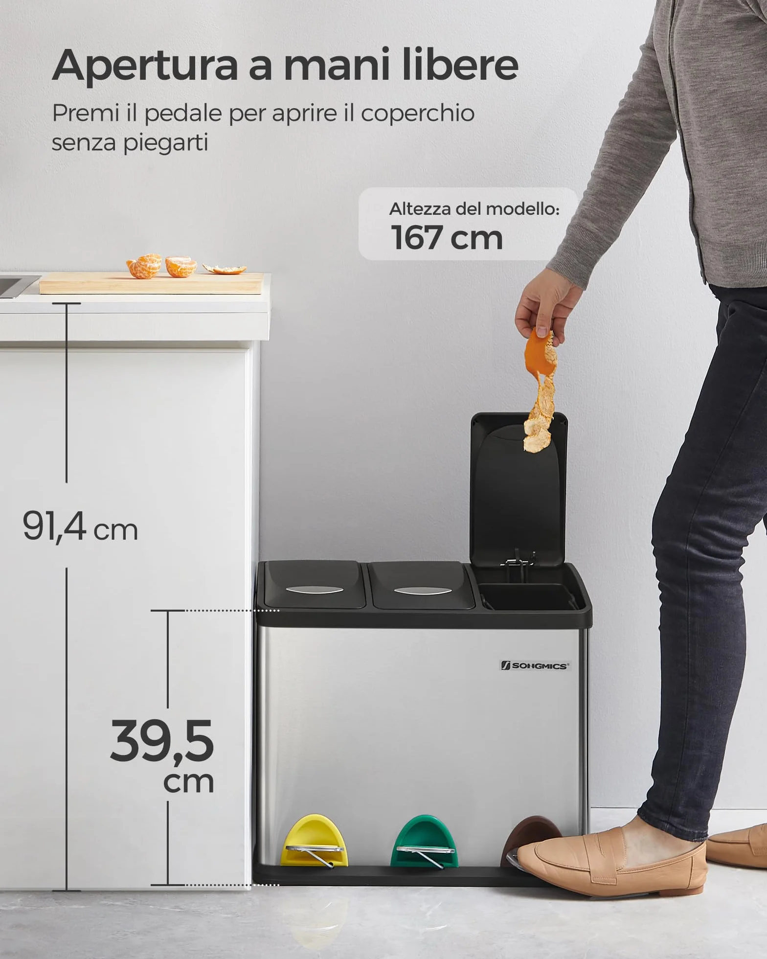 SONGMICS Cestino per Rifiuti da Cucina, 3 x 8 L Pattumiera Differenziata Piccolo Volume, Cestino Triplo in Acciaio, Pedali e Secchi Interni, Facile da Pulire, Argento e Nero LTB24L