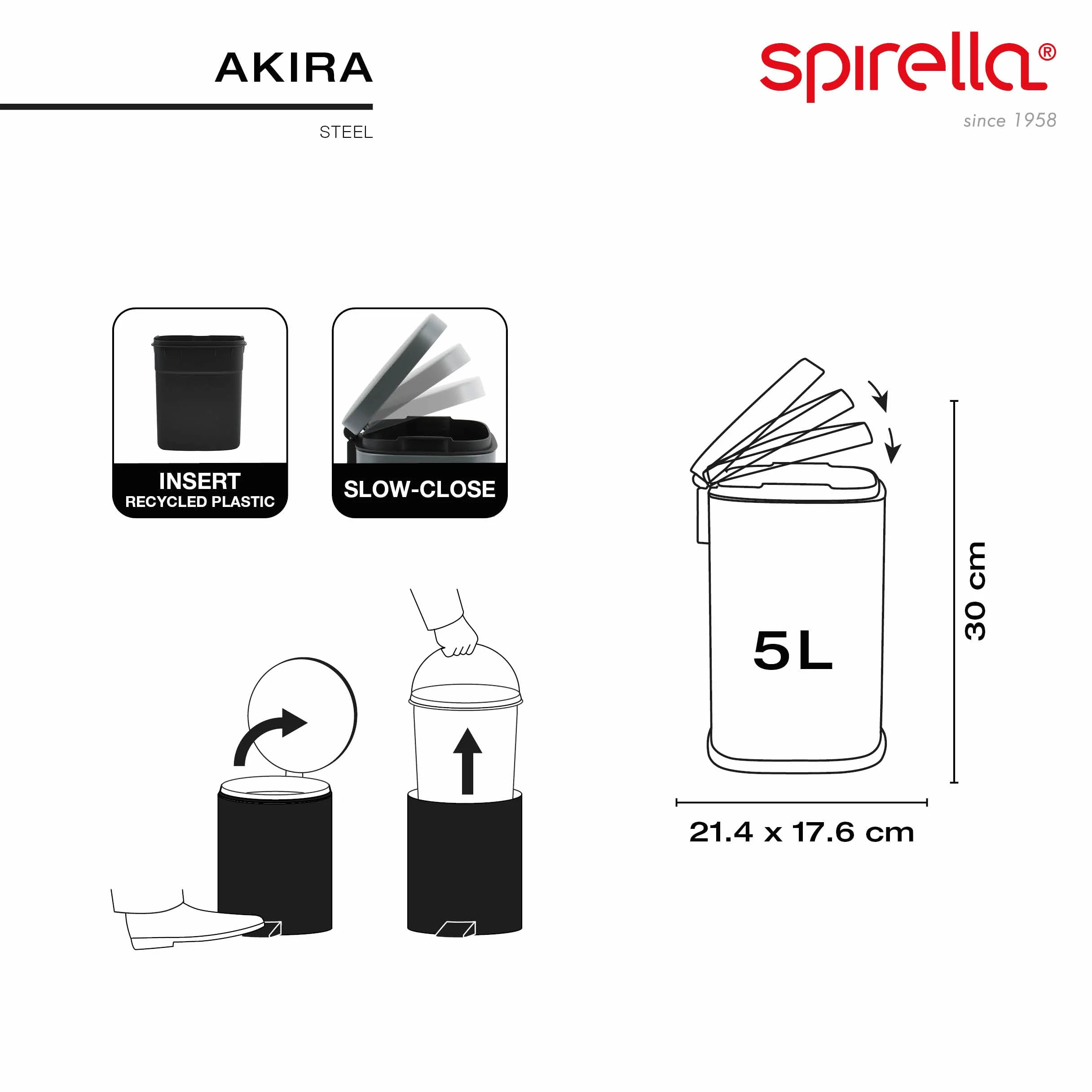 Cestino per Bagno a Pedale Spirella Akira - Acciaio Inossidabile Oro Spazzolato 5L - Chiusura Silenziosa
