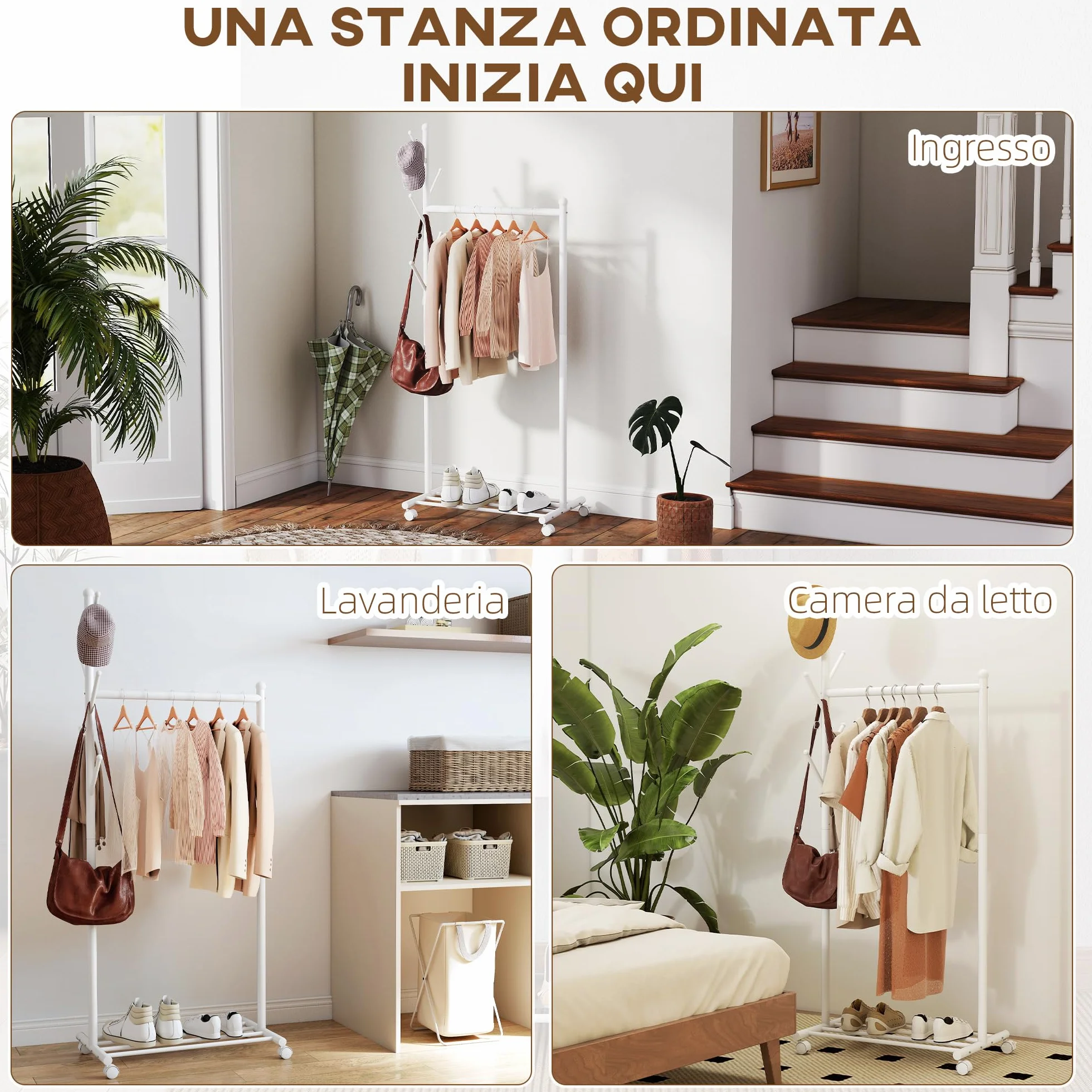 HOMCOM Appendiabiti da Terra con Ruote, Stender per Abiti con 5 Ganci e Ripiano Inferiore Porta Scarpe, per Camera, Ingresso e Corridoio, Bianco